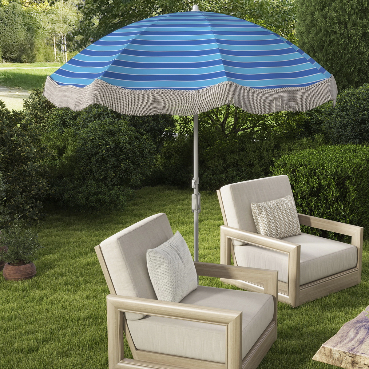 SUGIFT 6.5-ft Fringe Beach Umbrella with Push Button Tilt and Sand Anchor 6.5-ft Canopy 6-lb Net Weight Navy Blue