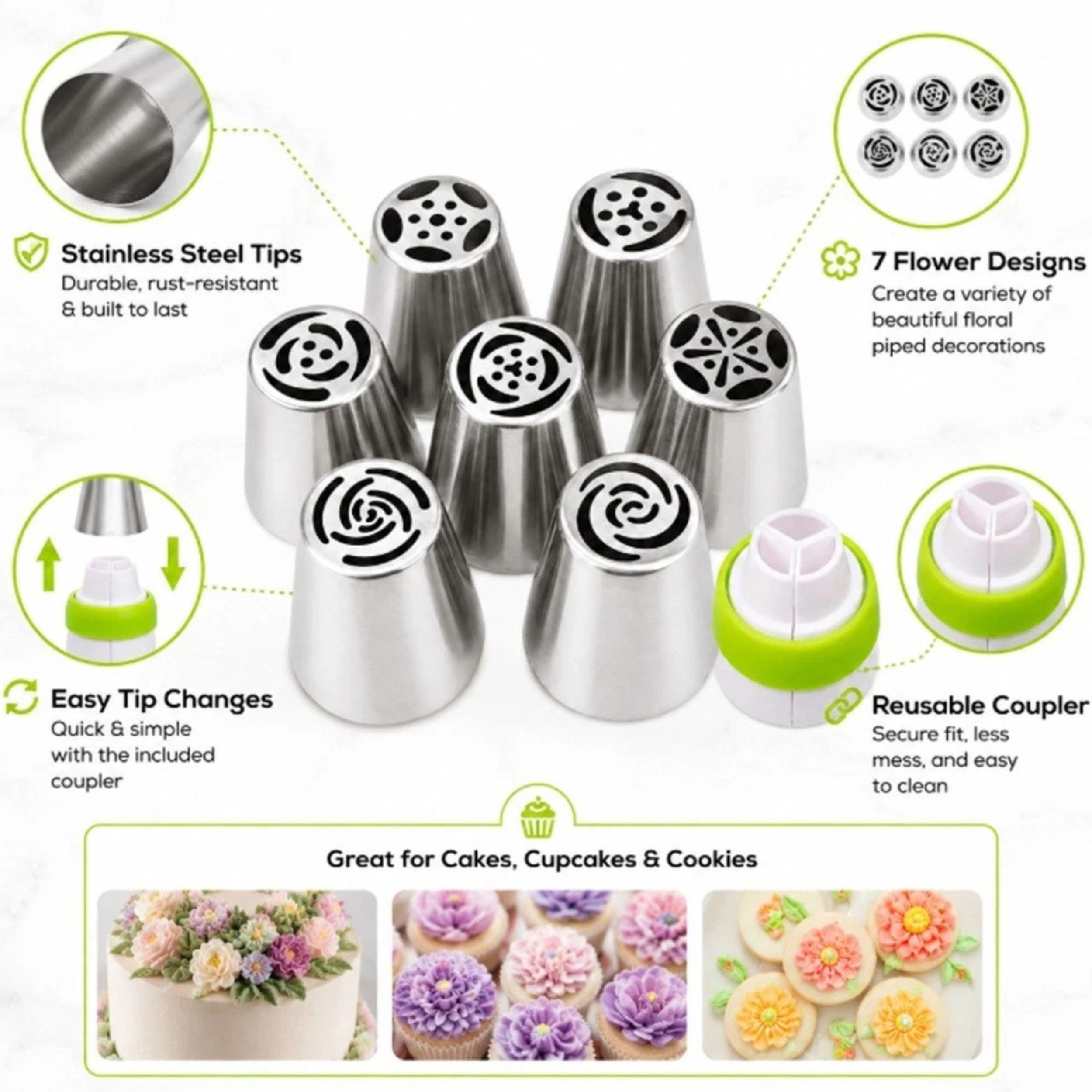 Home Collection Pack of 7 Russian Piping Tips Flower Icing Nozzle Cake Decorating Set