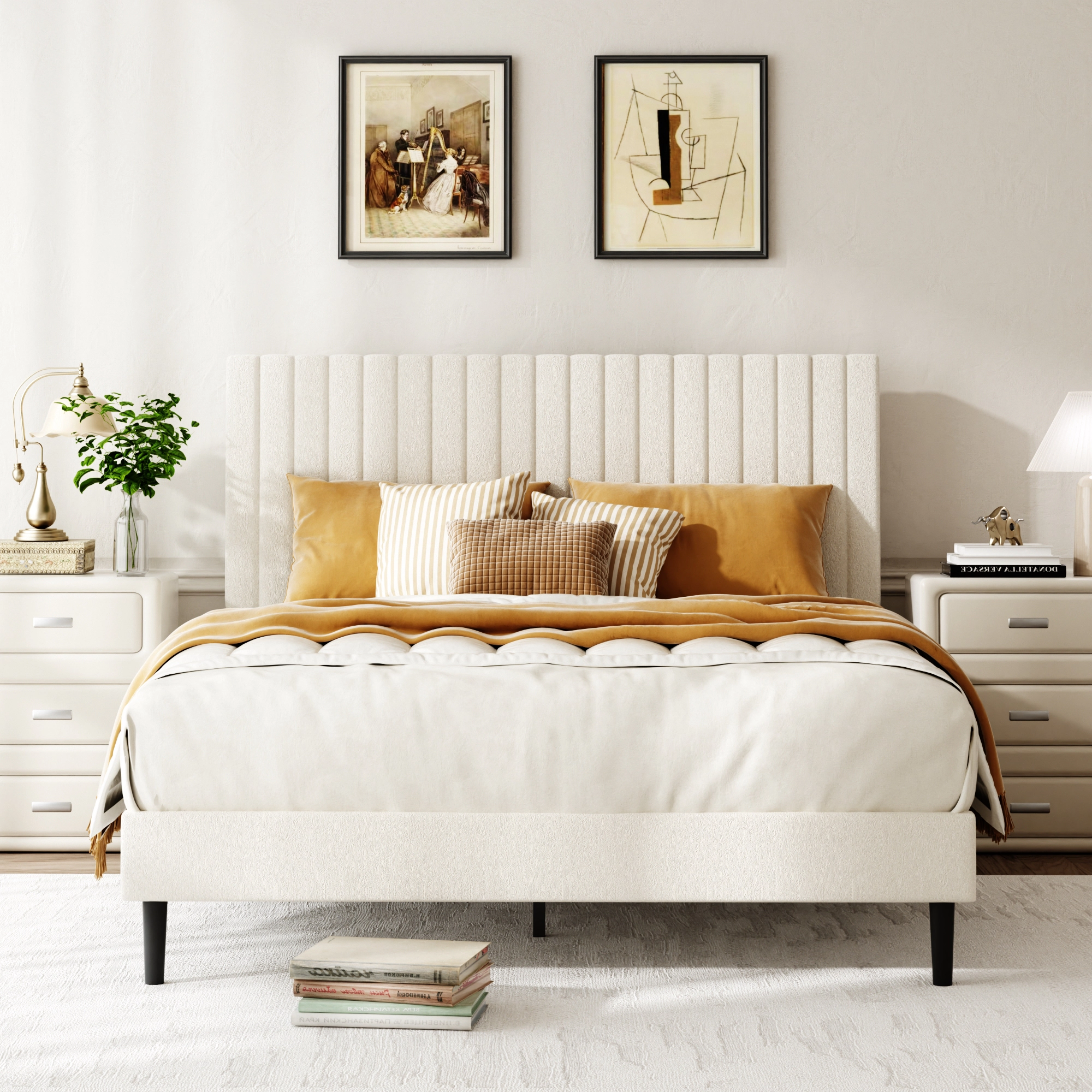 Flynama Queen Velvet Platform Bed with Height-Adjustable Headboard, Sturdy & Quiet, Beige