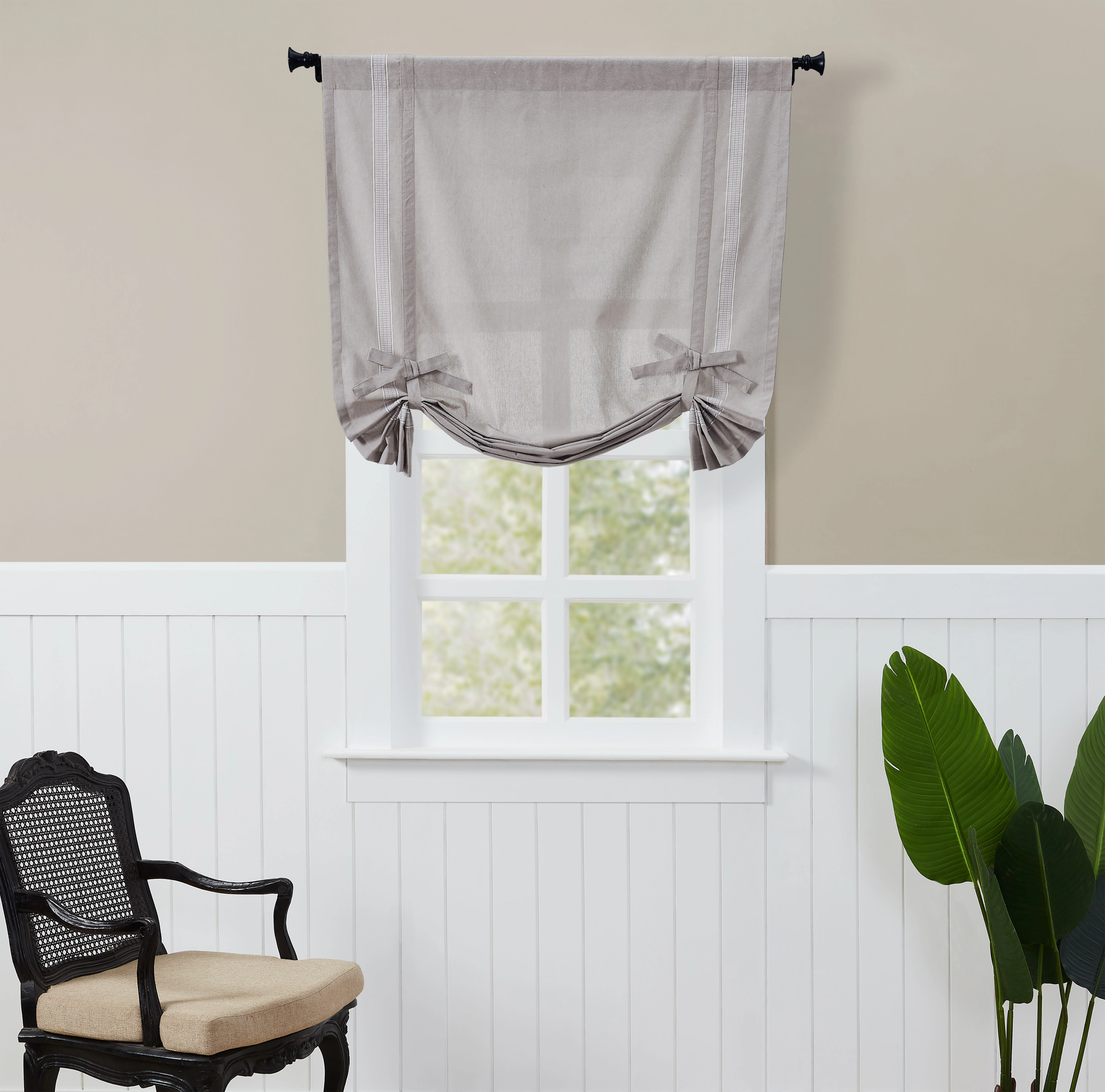 Kate Aurora Country Farmhouse Cotton Striped Rod Pocket Tie Up Window Curtain Panel - Brown/Stone