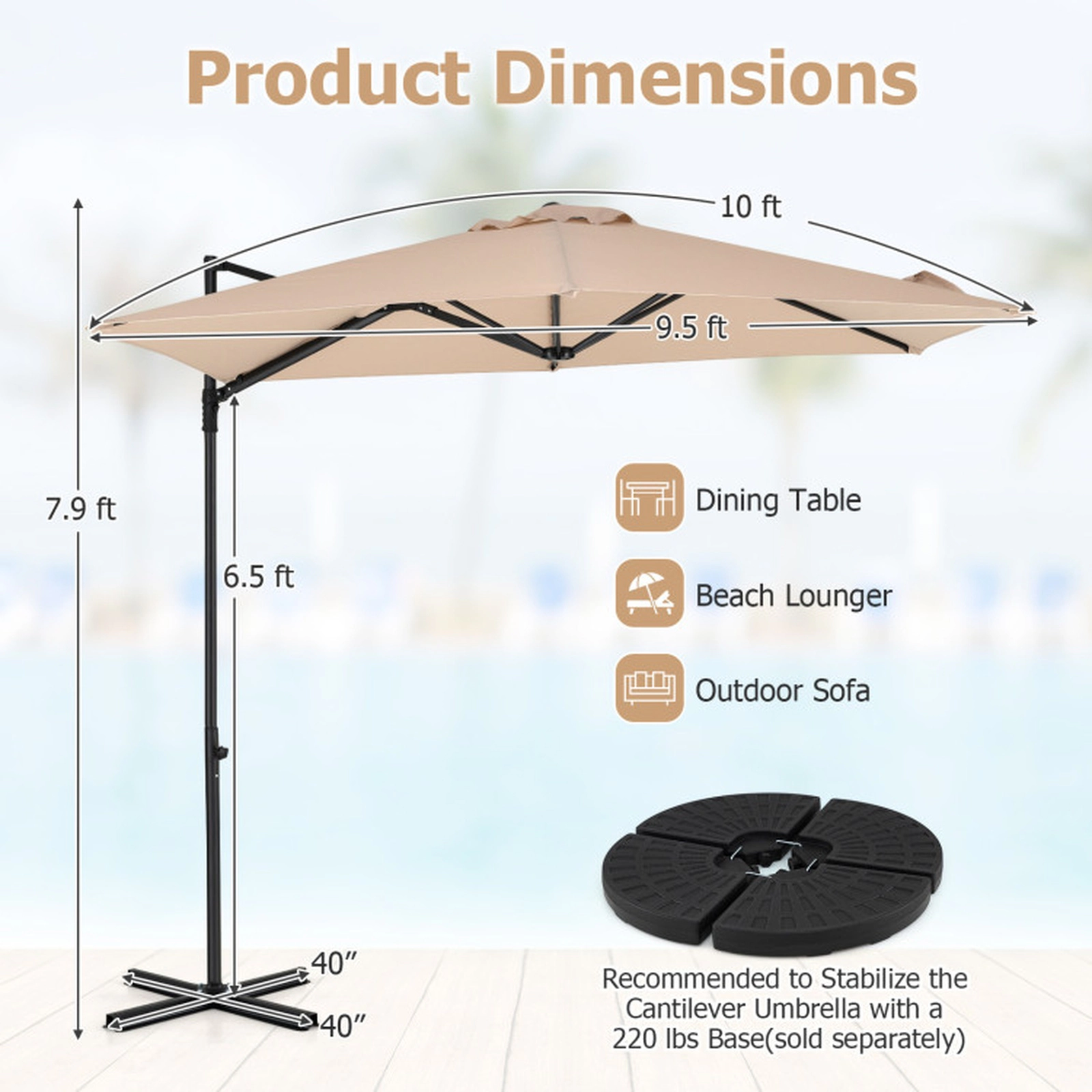 SUGIFT 360° Rotation Cantilever Patio Umbrella for Garden with 10-ft Canopy and Vented Top Beige