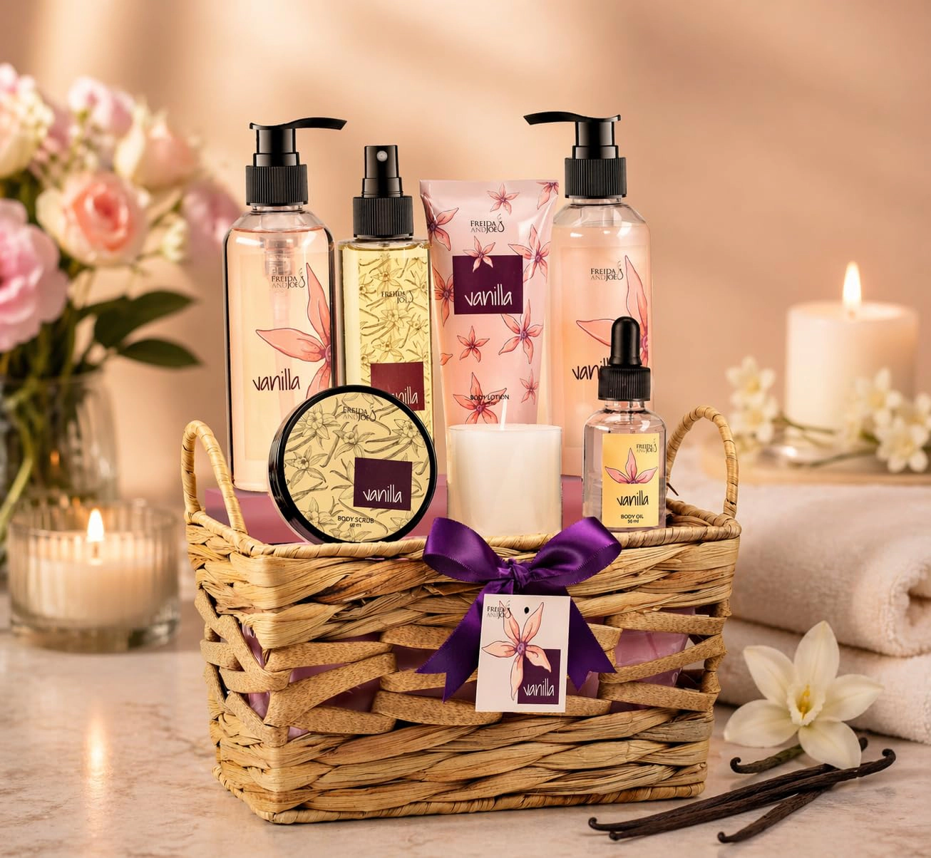 Vanilla Spa Gift Basket for Women – Bath & Body Set with Shower Gel, Bubble Bath, Body Lotion & Body Oil