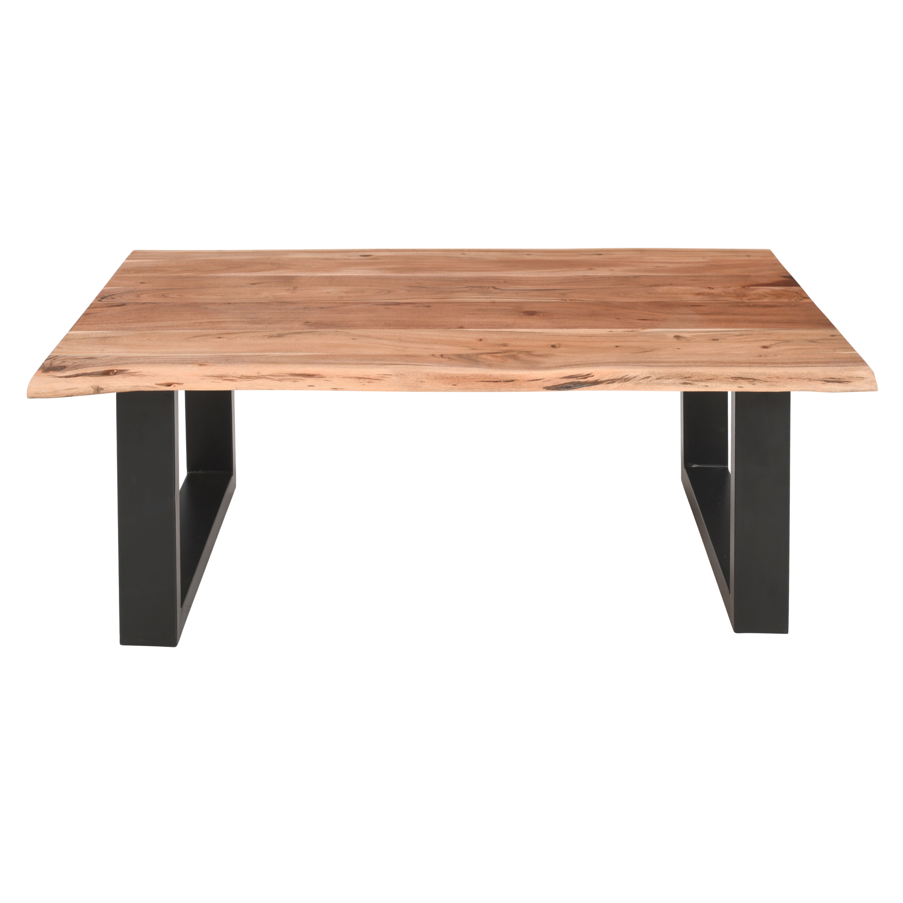The Urban Port 45 Inch Acacia Wood Rectangular Coffee Table, Live Edge, Black Powder Coated Metal Base, Natural Brown