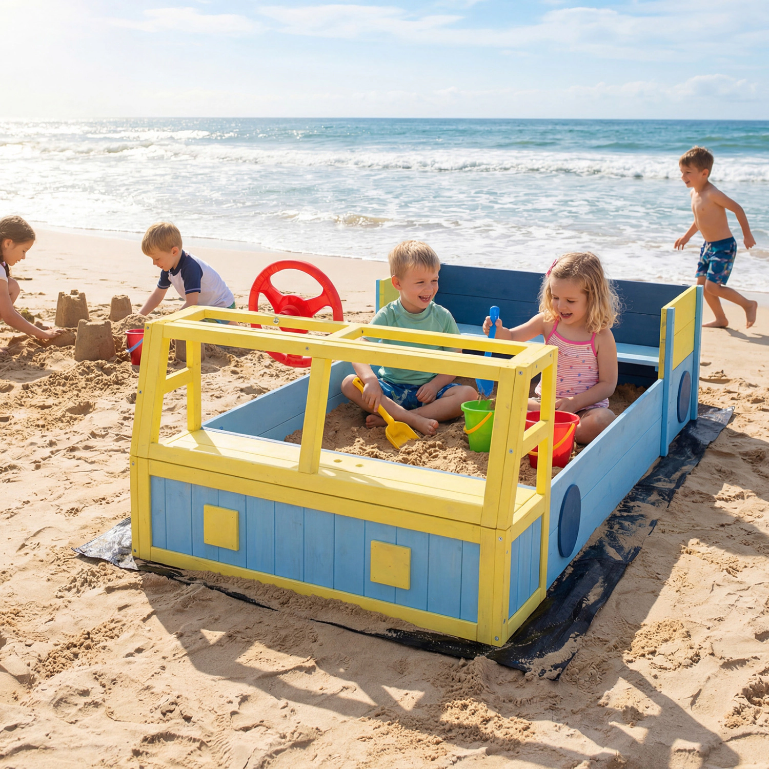 LJG Kids Large Car-Theme Sand Box with Bottom Liner and Fir Wood Frame