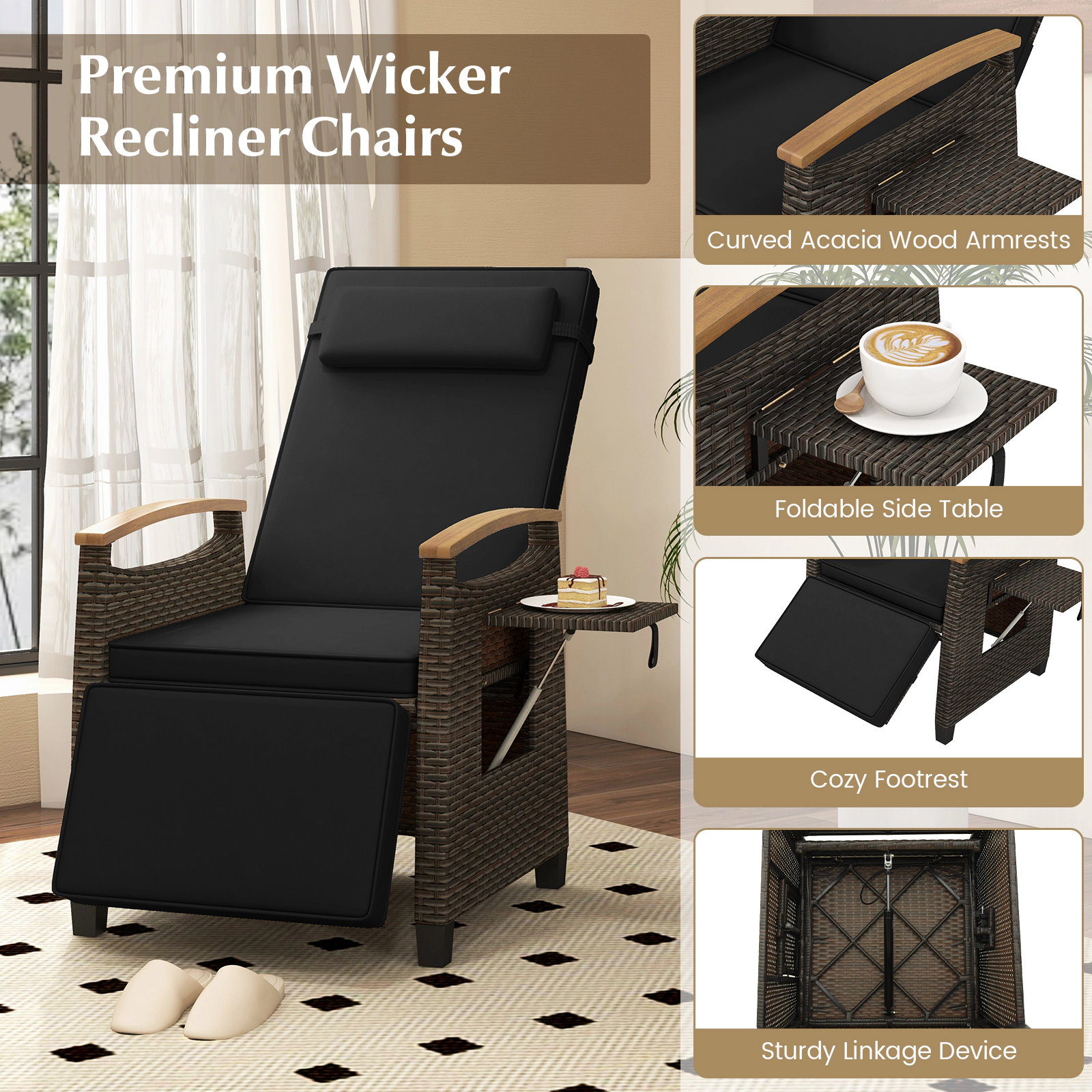 LJG Patio Wicker Recliner Chair with Adjustable Backrest and Footrest