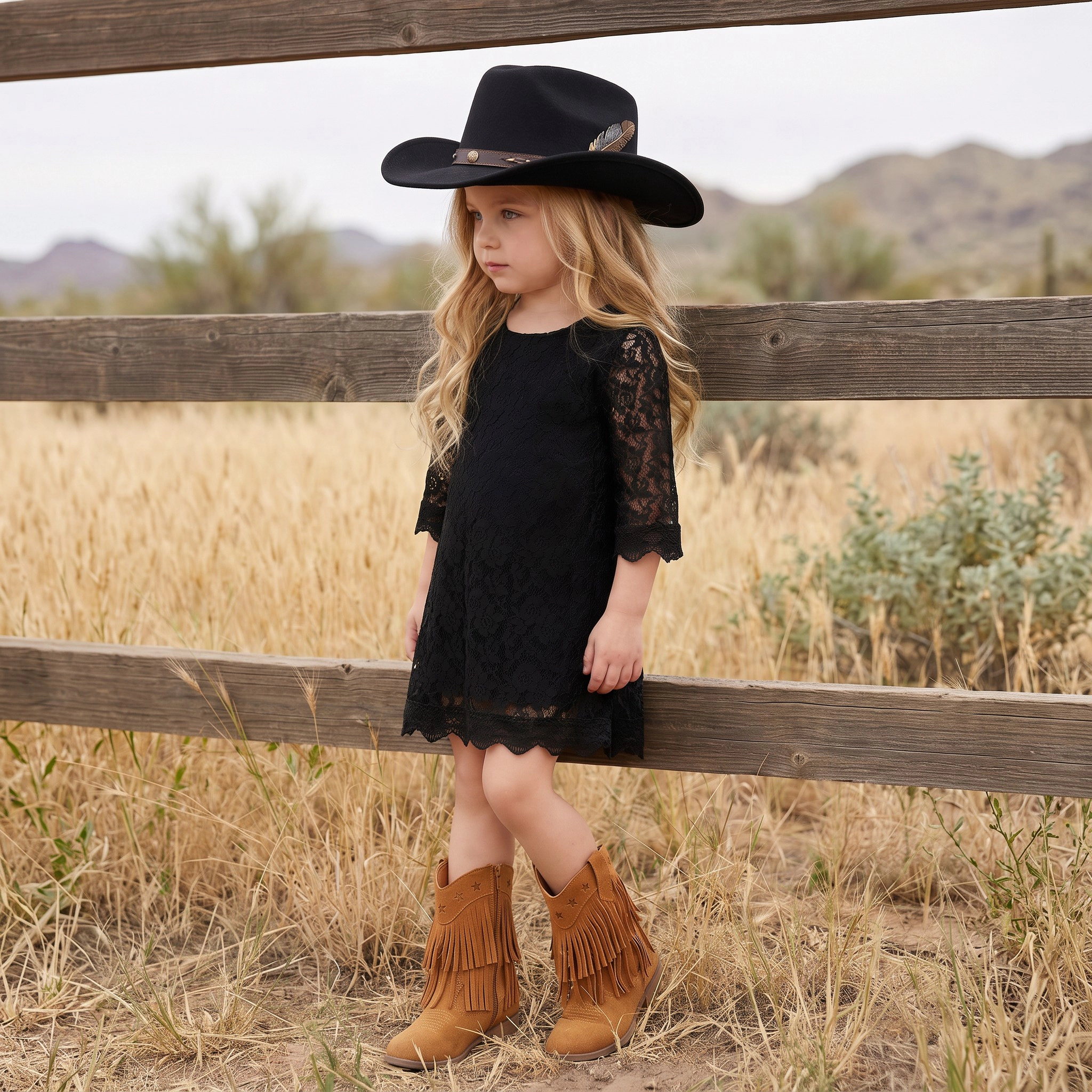 2Bunnies Girls' 12M-12Y Fall Holiday Boho Rustic Lace Scalloped Sleeve Flower Girl Dress