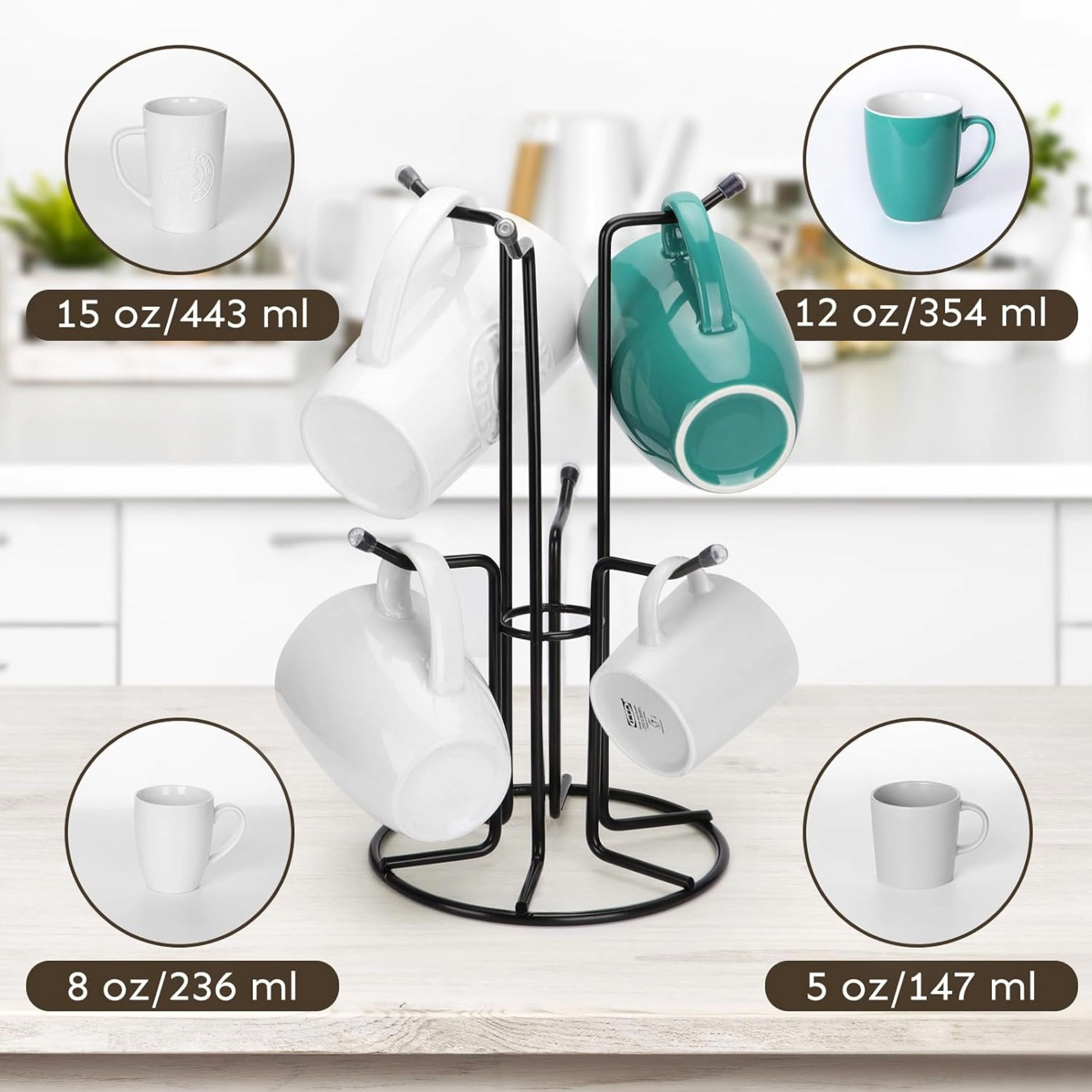 Stock Preferred Metal Mug Tree with 6 Hooks Countertop Coffee Cup Holder for Large Mugs