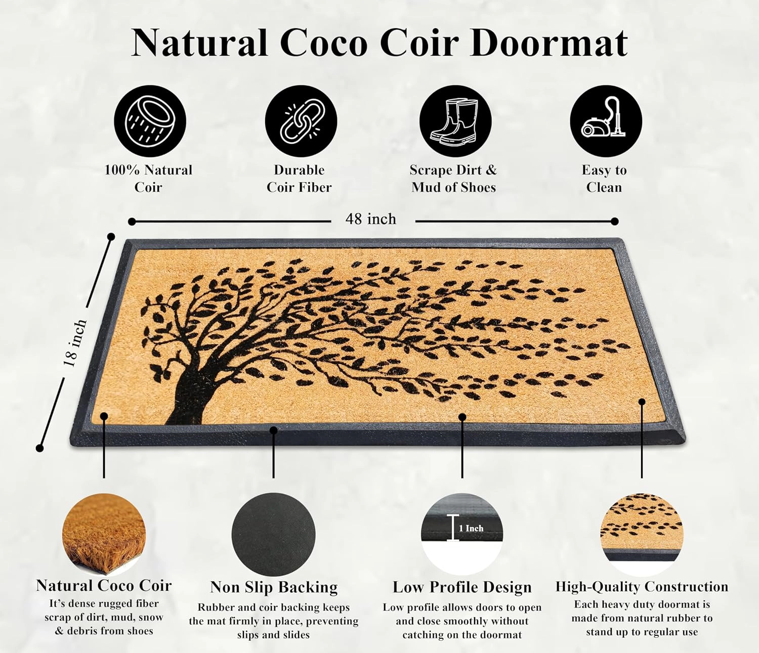 A1HC Coir and Rubber Door Mat 48x18 Inches Heavy Duty Durable Low-Profile Falling Leaves