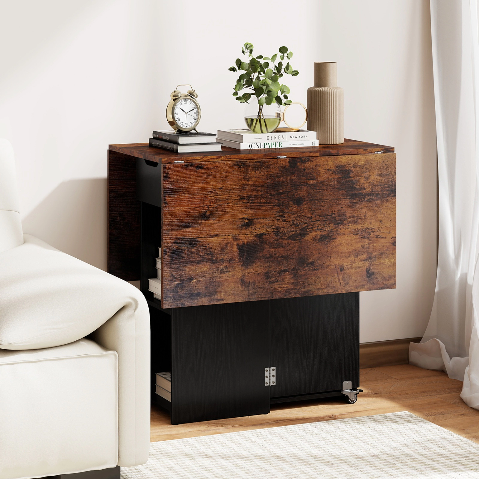 SUGIFT 47.5-Inch Rustic Brown Extendable Dining Table and Rolling Console with Drawer