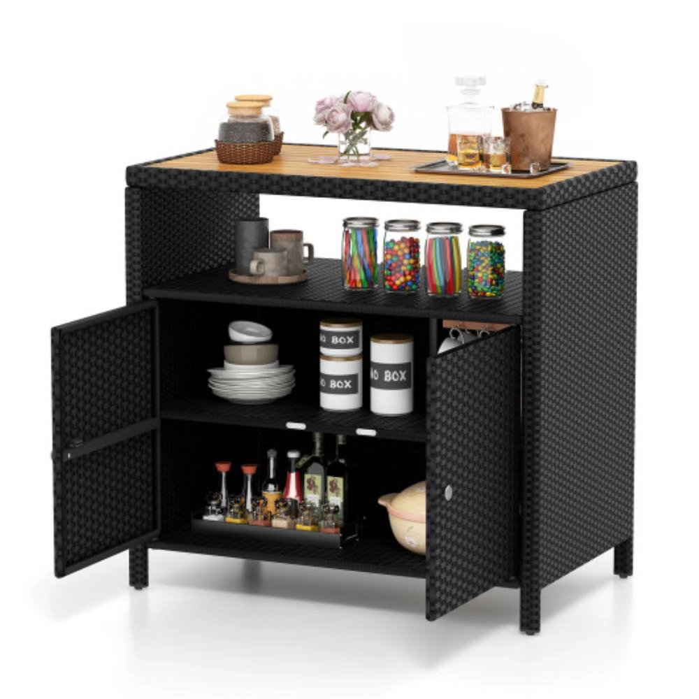 Hivvago Rattan Storage Cabinet With Acacia Wood Countertop For Poolside Deck And Patio