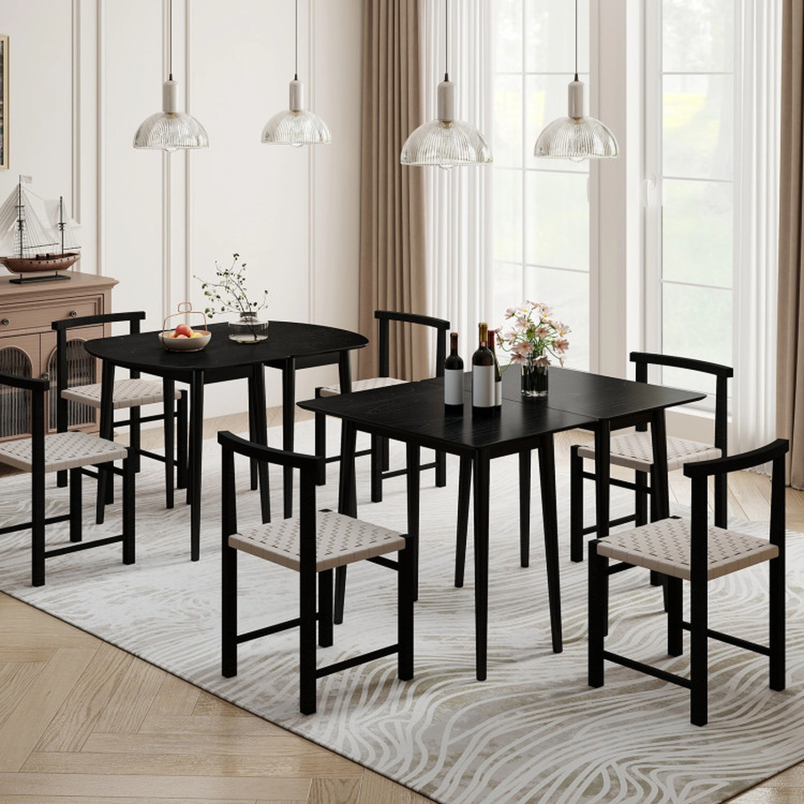 SUGIFT 68-in Modular Expandable Dining Table Set for 6 to 8, 1 Rectangular and 2 Half-Round Tables