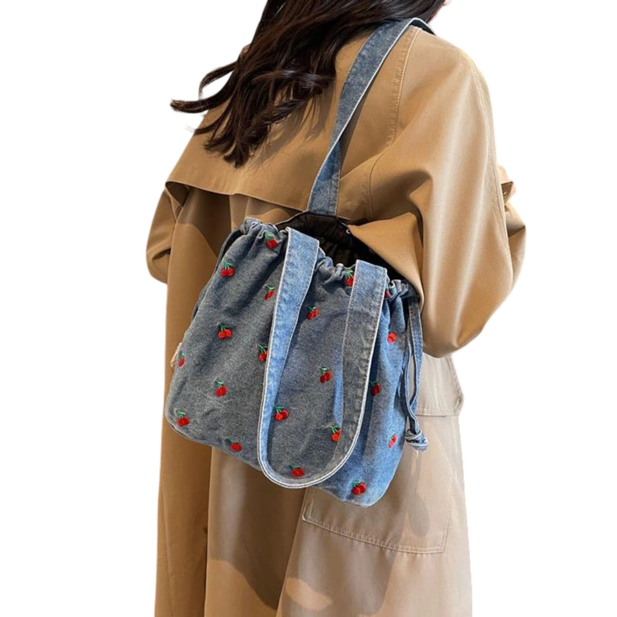 Alilang Women's Embroidered Cherry Denim Drawstring Bag with Fixed Shoulder Strap