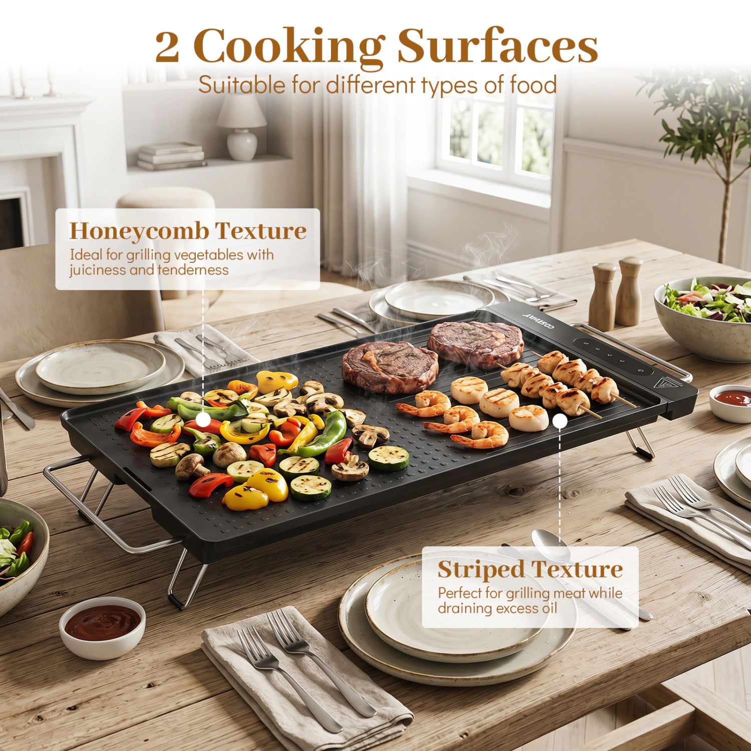 LJG 1300W Indoor Electric Grill with Removable Touch Panel