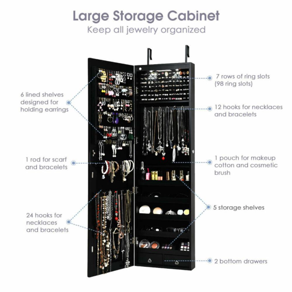 Hivvago Wall and Door Mounted Mirrored Jewelry Cabinet with Lights