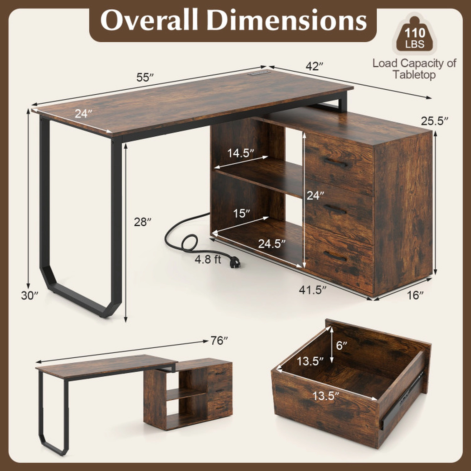 SUGIFT 110-lb Capacity Rustic Brown 55-in Reversible L-Shaped Desk with 3 Drawers and Adjustable Shelf