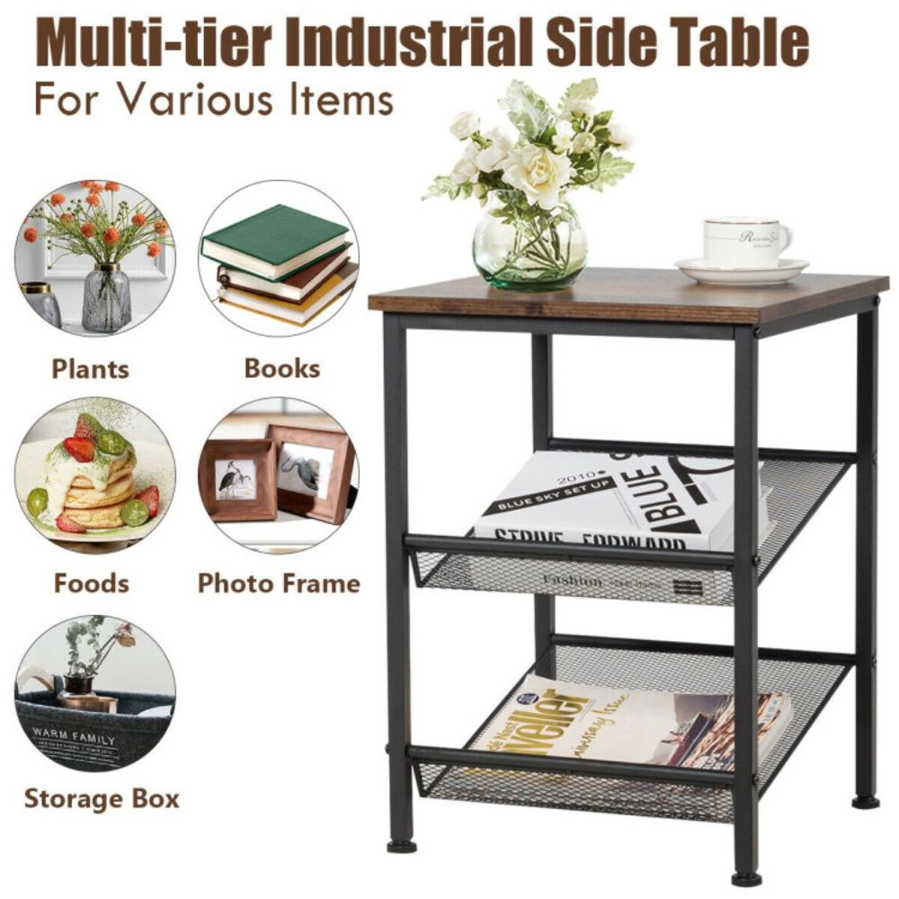 Hivvago 3-Tier Industrial End Table with Mesh Shelves and Adjustable Shelves
