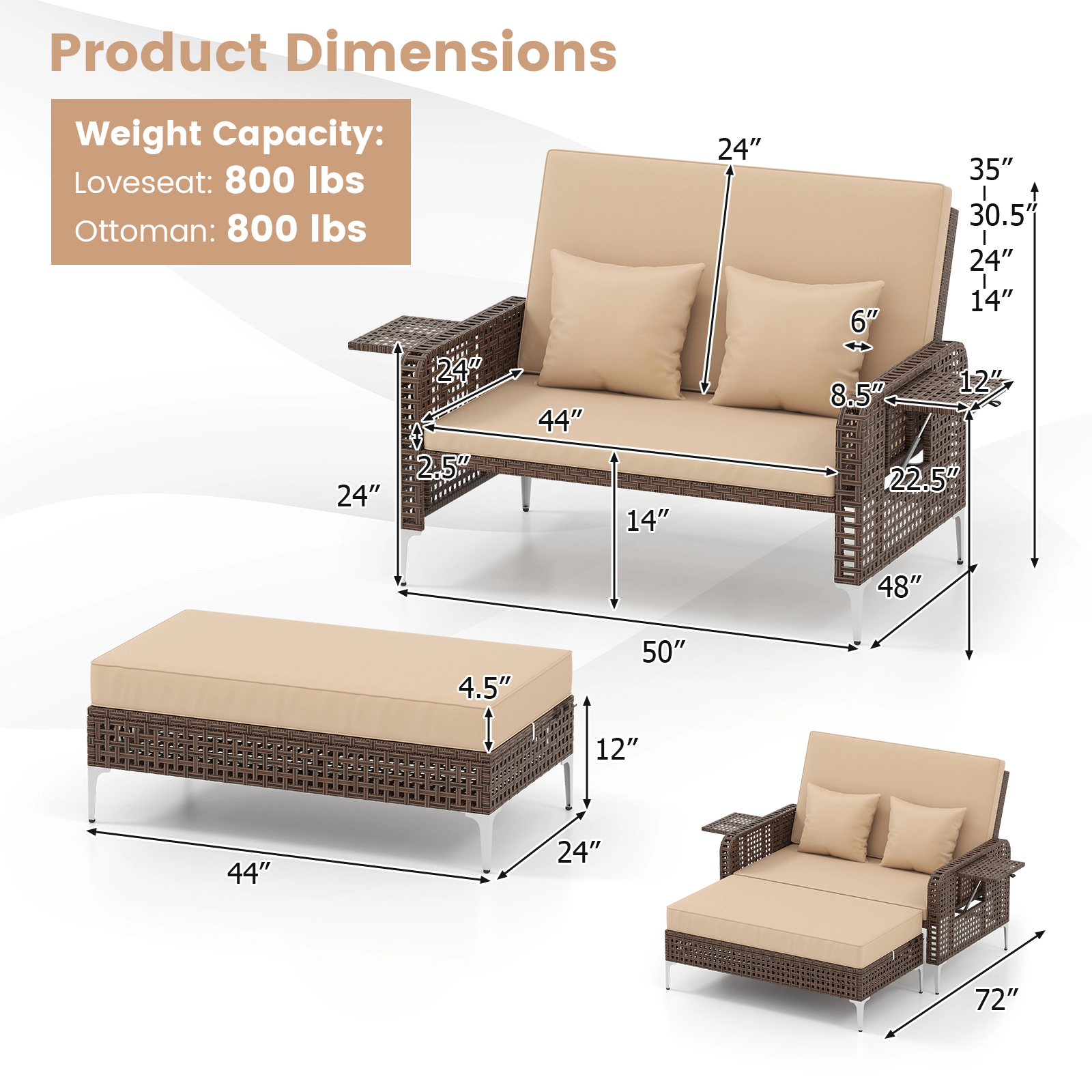 SUGIFT 2-Piece Brown Wicker Patio Daybed with Adjustable Backrest, Storage Ottoman and 2 Trays