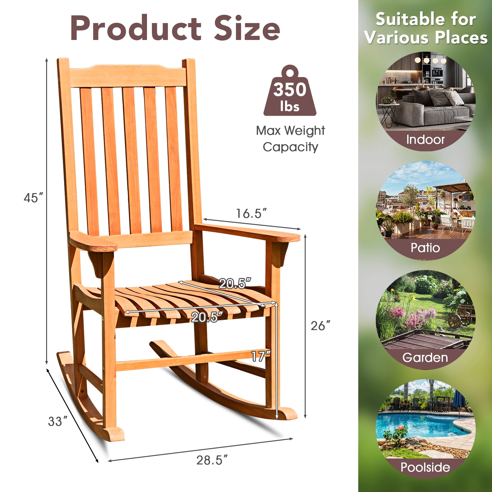 SUGIFT Eucalyptus Wood Slatted High Back Outdoor Patio Rocking Chair 33-in x 28.5-in x 45-in 350-lb Capacity Natural