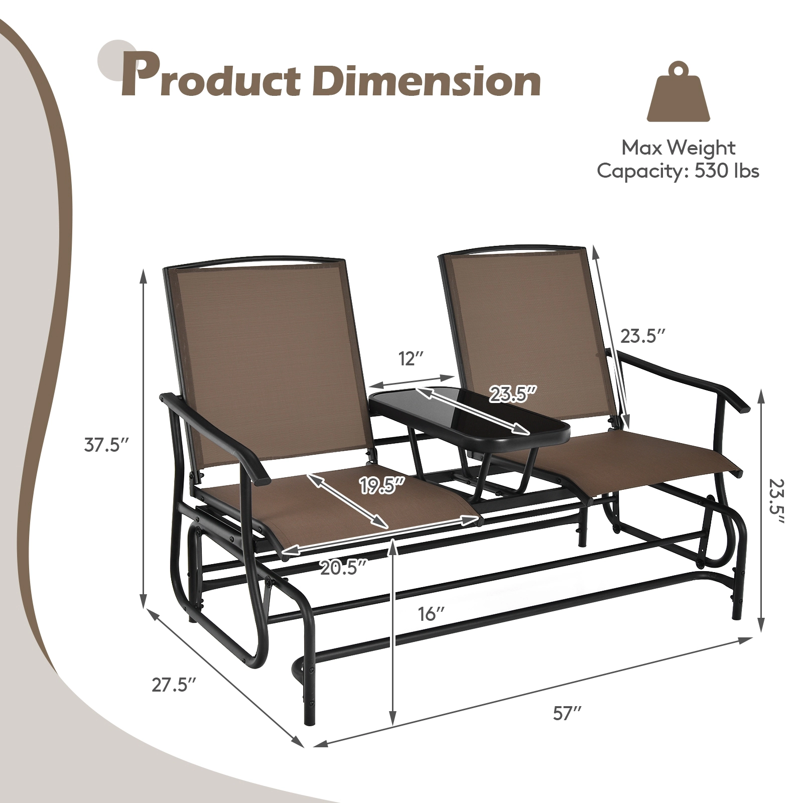 SUGIFT 2-Person Rocking Loveseat Glider Conversation Set Center Tempered Glass Table 530-Lb Capacity 57-in Wide Brown