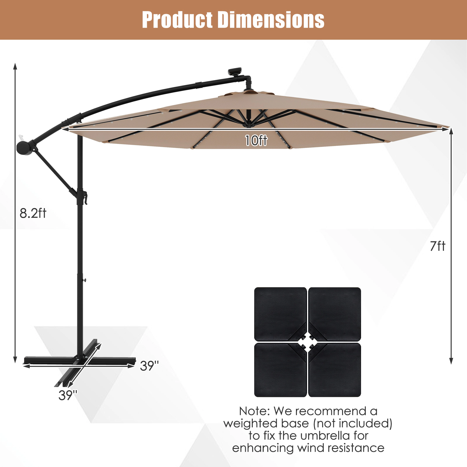 SUGIFT 10-ft Tan Solar LED Offset Patio Umbrella, 40 Lights, Crank Lift, Cross Base