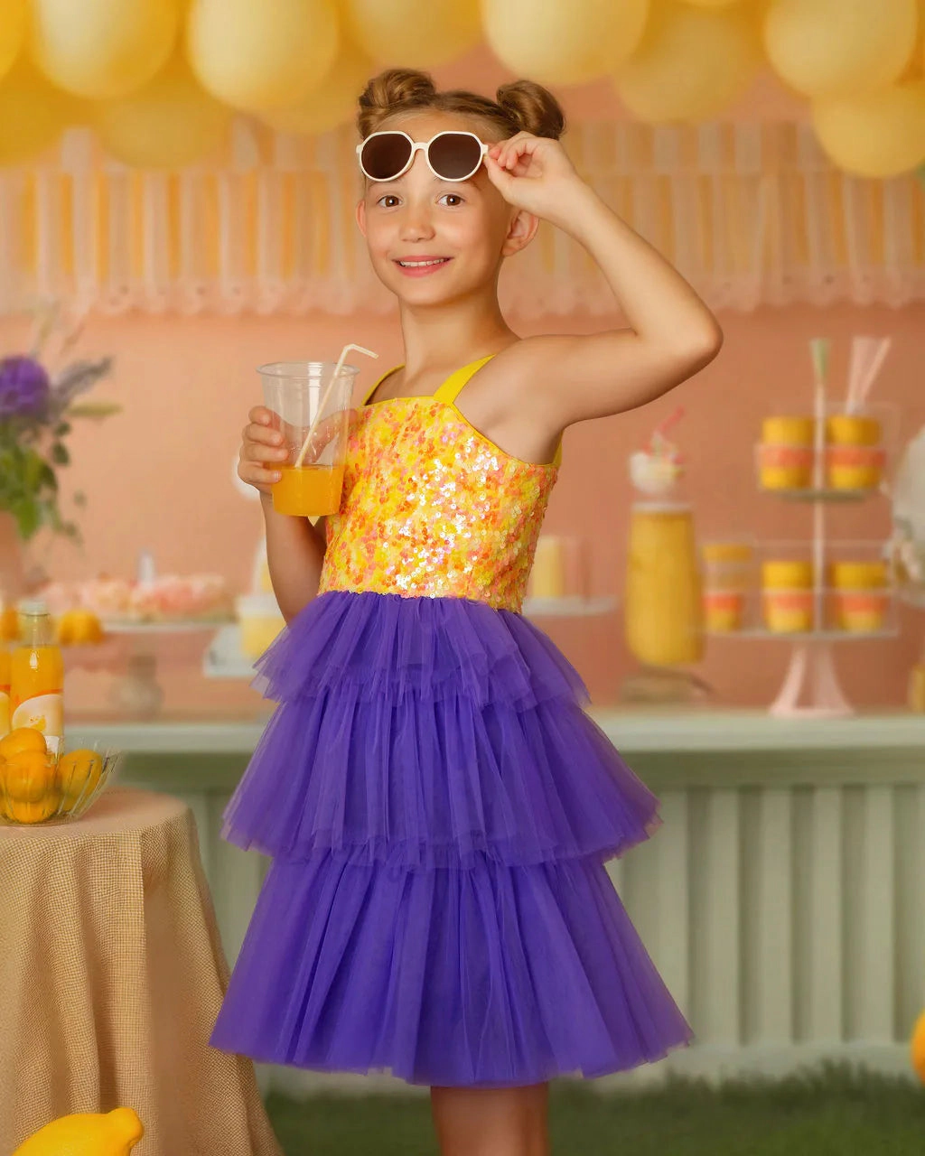 Faeella Girls Citrus Bloom Purple Sequin Tulle Birthday Dress