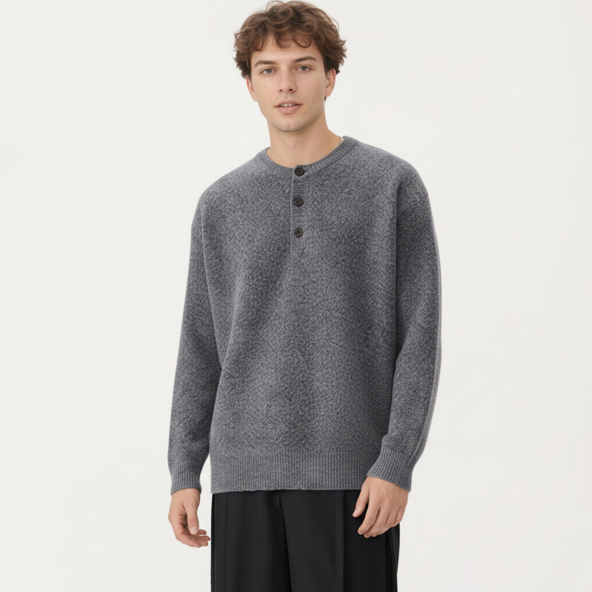 Anna-Kaci Men's Long Sleeve Knit Henley Sweater with Ribbed Trim