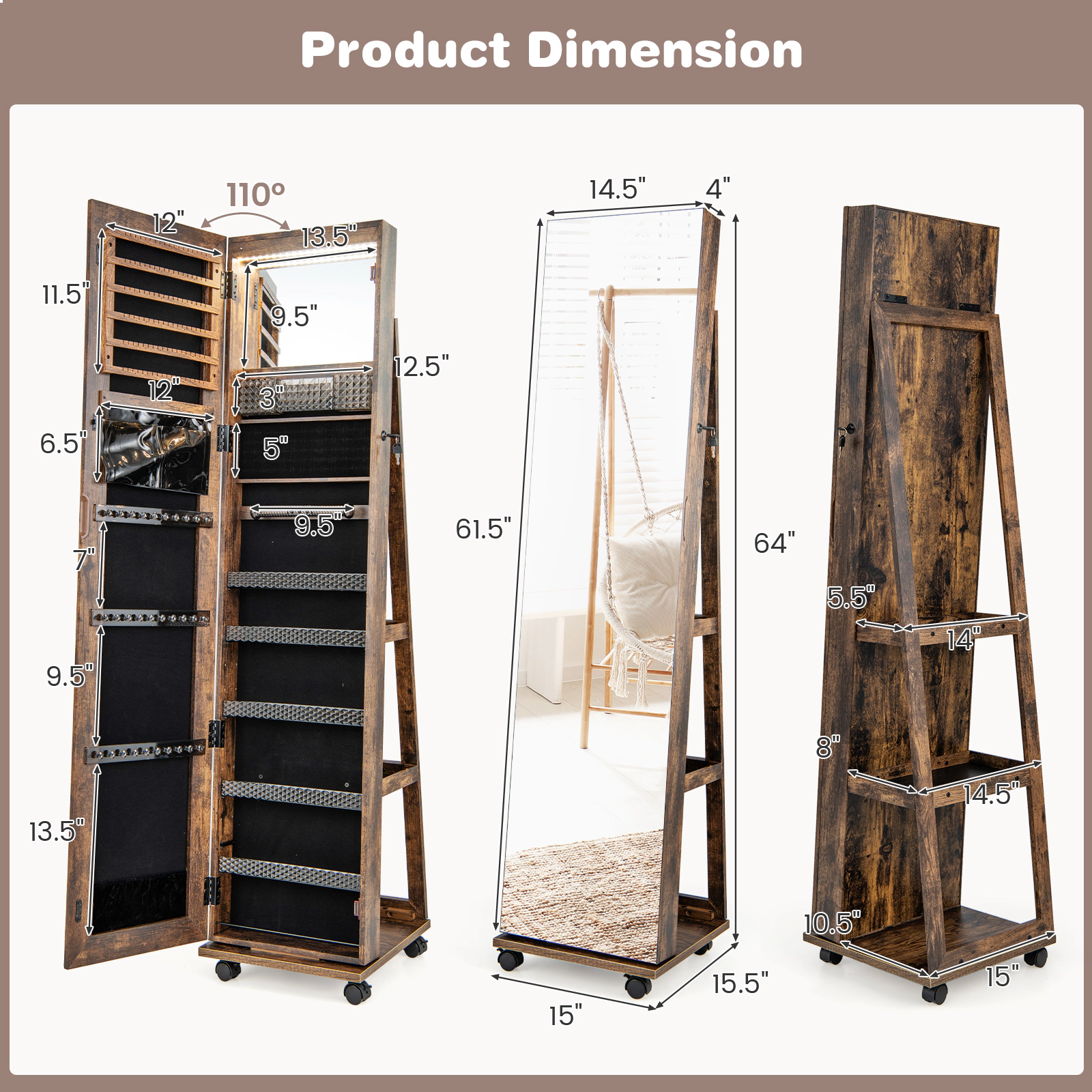 SUGIFT 64-in Lockable Jewelry Cabinet Armoire with Full-Length Mirror and Built-in Makeup Mirror Coffee
