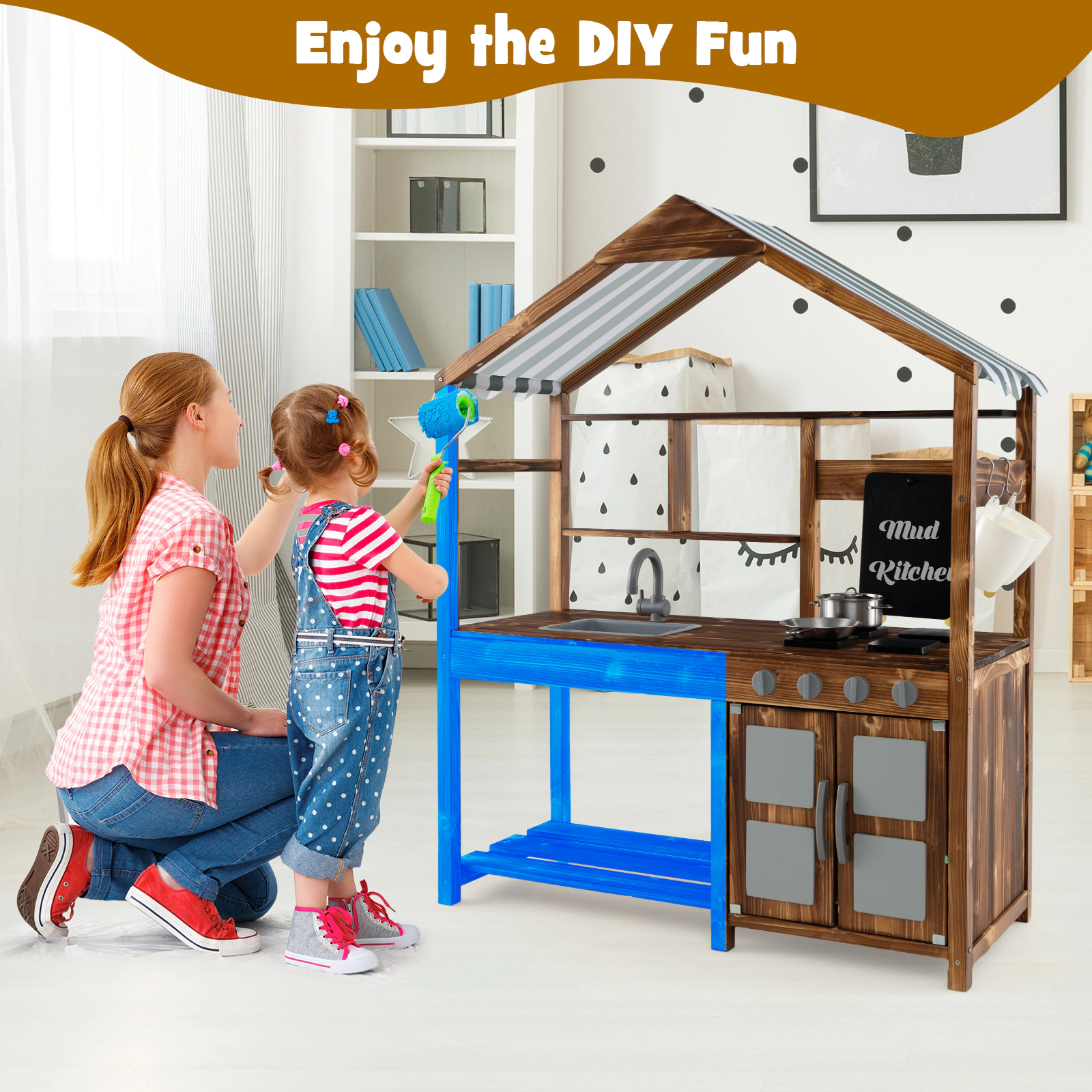 LJG Kid's Mud Kitchen Outdoor Solid Wood Mud Kitchen with Canopy