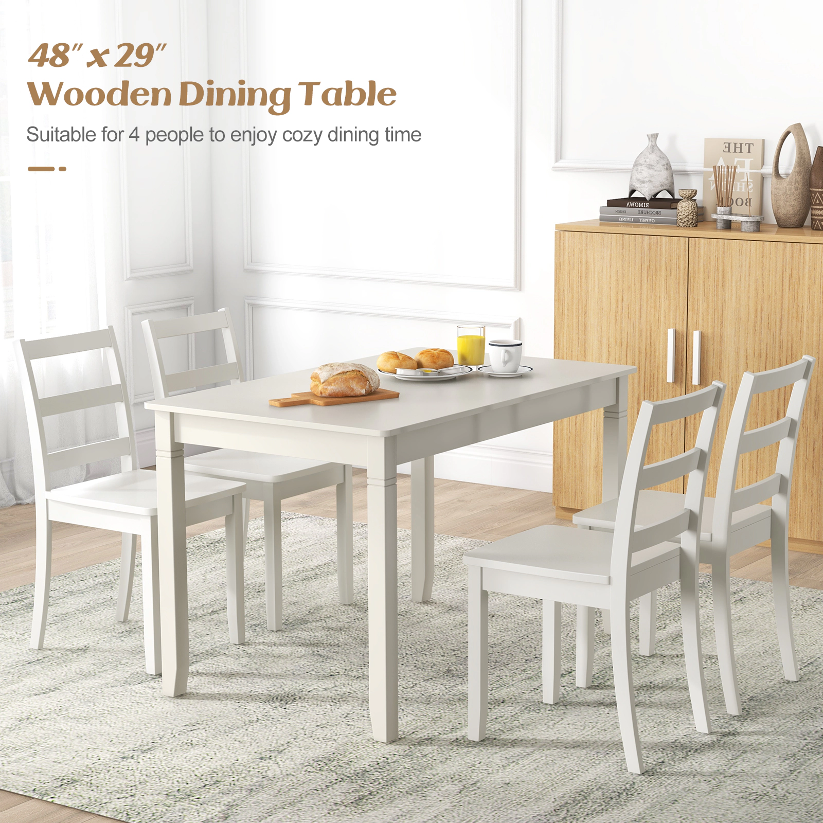 LJG 48-Inch Wooden Dining Table for 4 People Rectangular Kitchen Table with Rubber Wood Legs