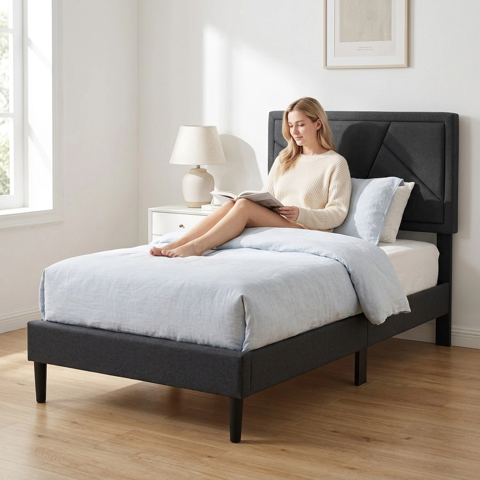 SUGIFT Twin Upholstered Platform Bed, Gray Faux Linen, 44-Inch Headboard