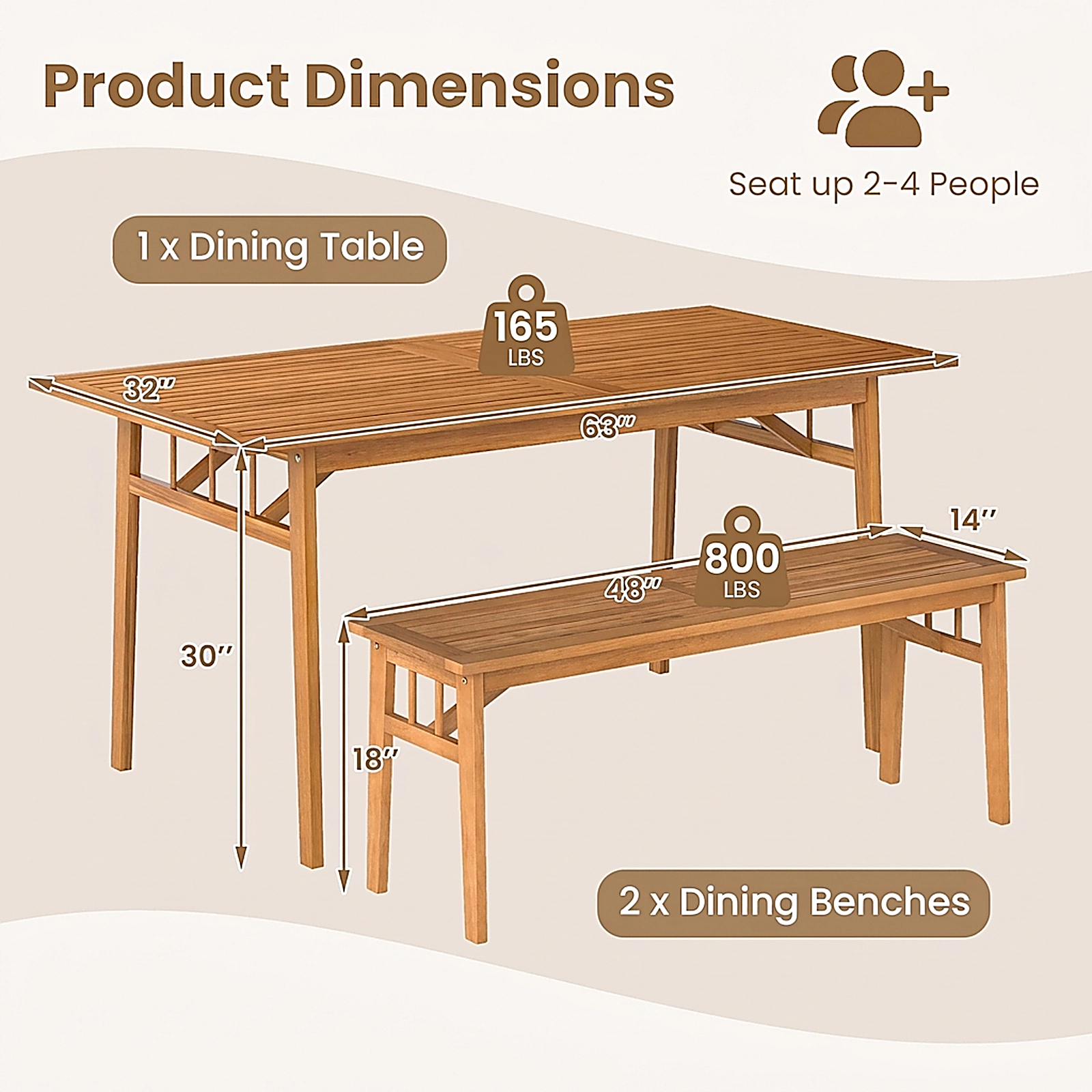 SUGIFT 3 Piece Patio Picnic Set Acacia Wood 63 in Table with 2 Backless Benches