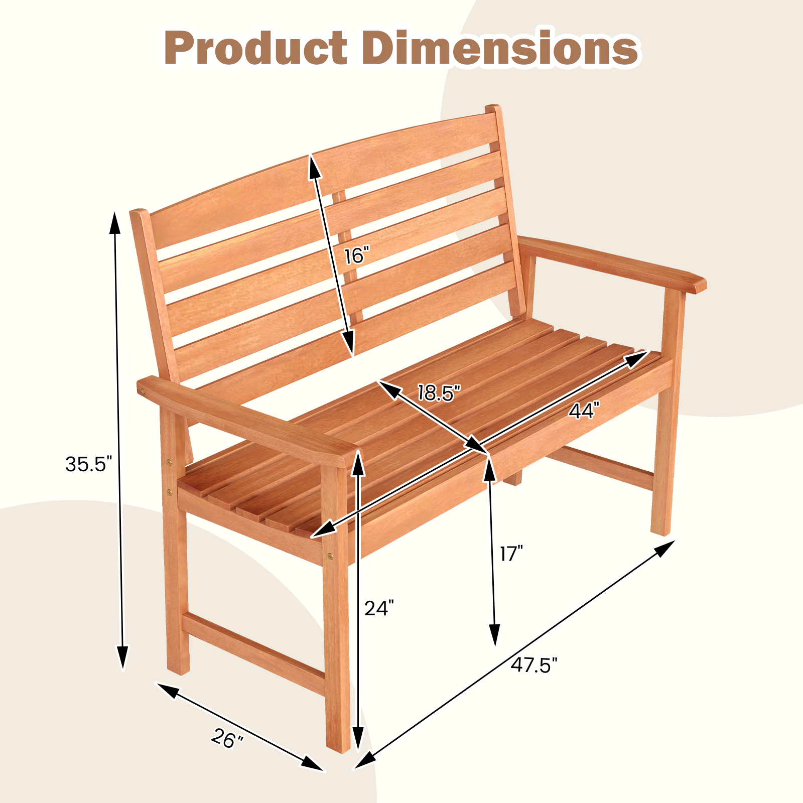 LJG 2-Person Wooden Garden Bench with Slatted Backrest and Comfortable Armrests