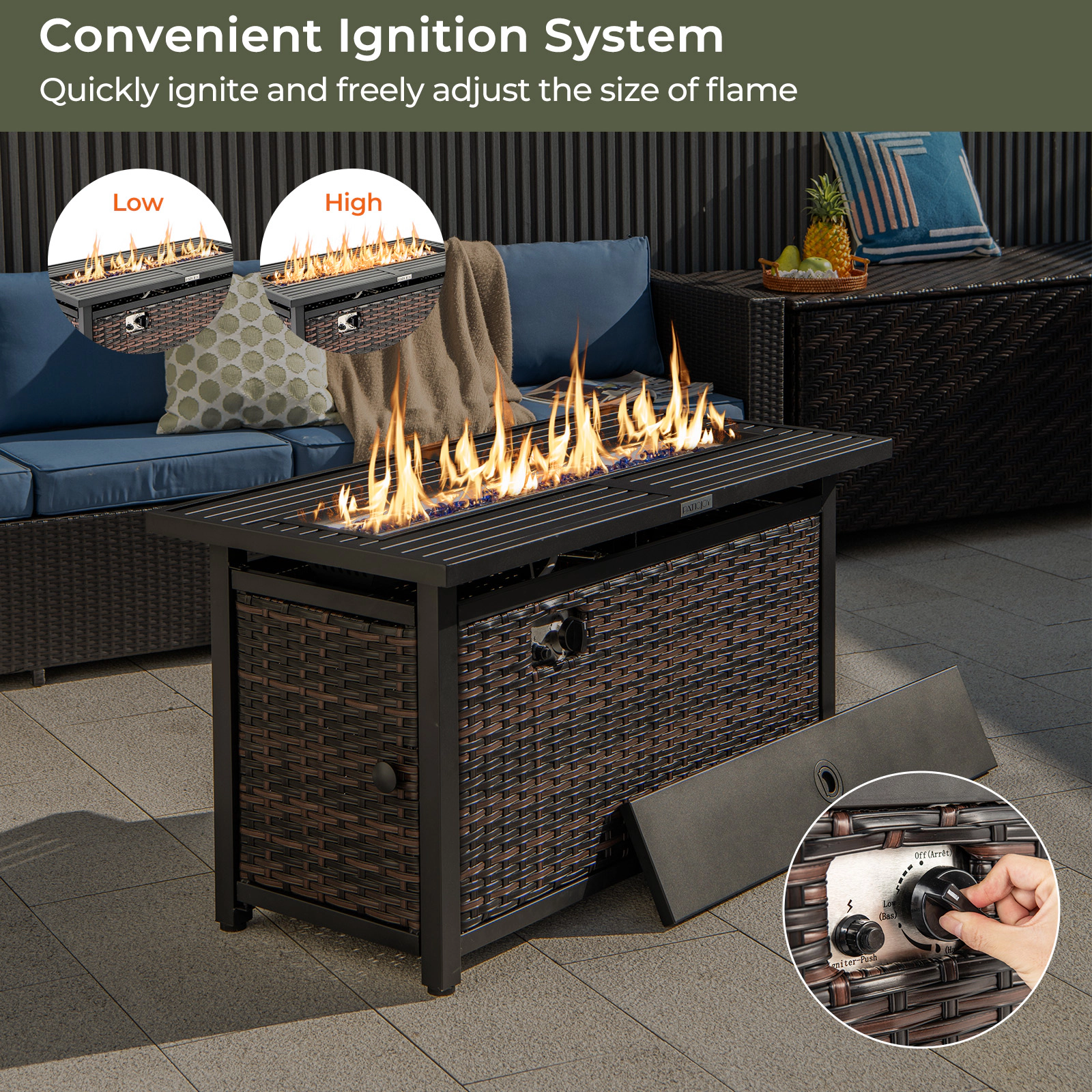 SUGIFT Brown Rattan Propane Fire Pit Table with Glass Stones 45-in W 23-in D 25-in H 220-lb Tabletop Capacity