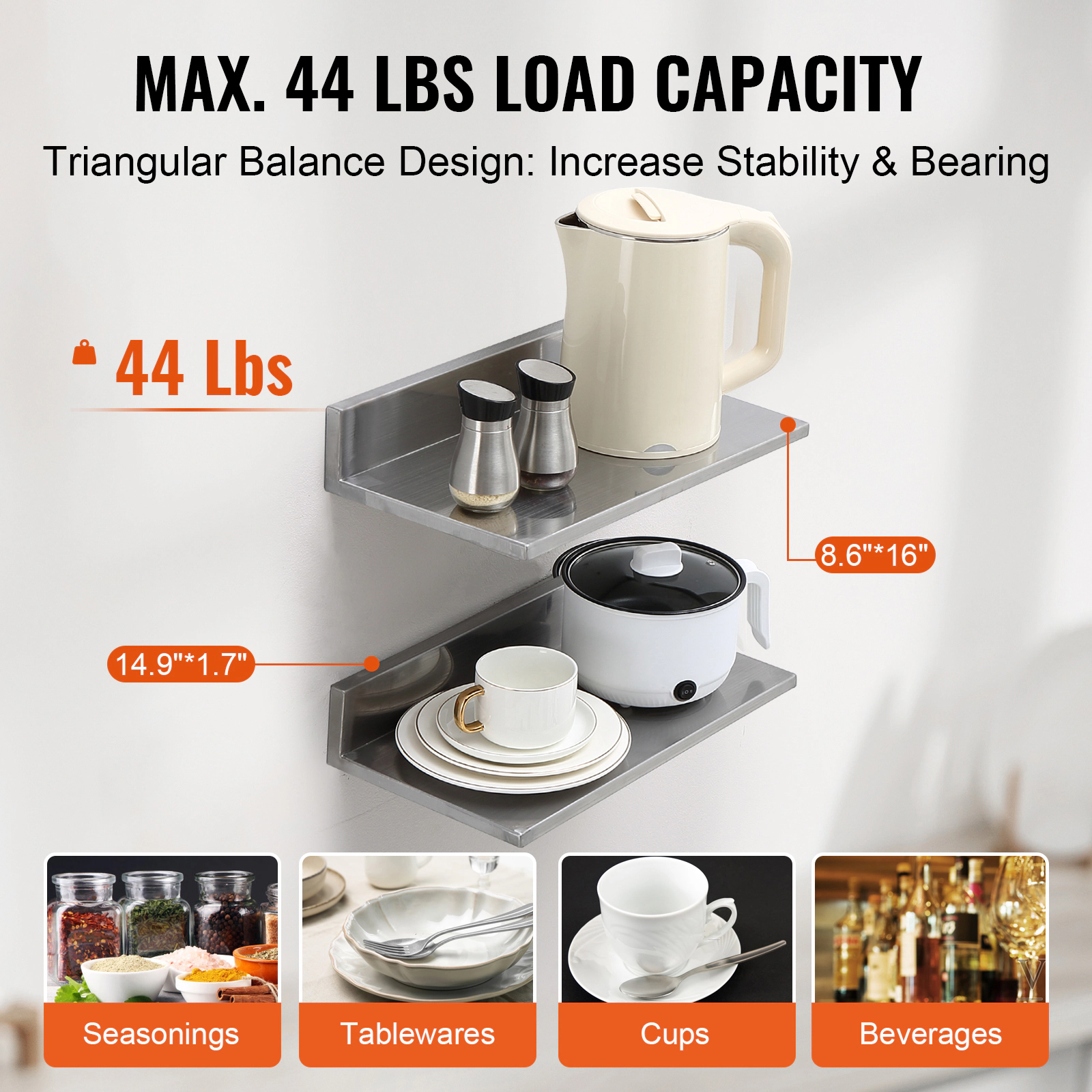 HONGGE 2 Pack Stainless Steel Shelf Wall Mounted Floating Shelving with Backsplash 44 lbs Load Capacity Commercial