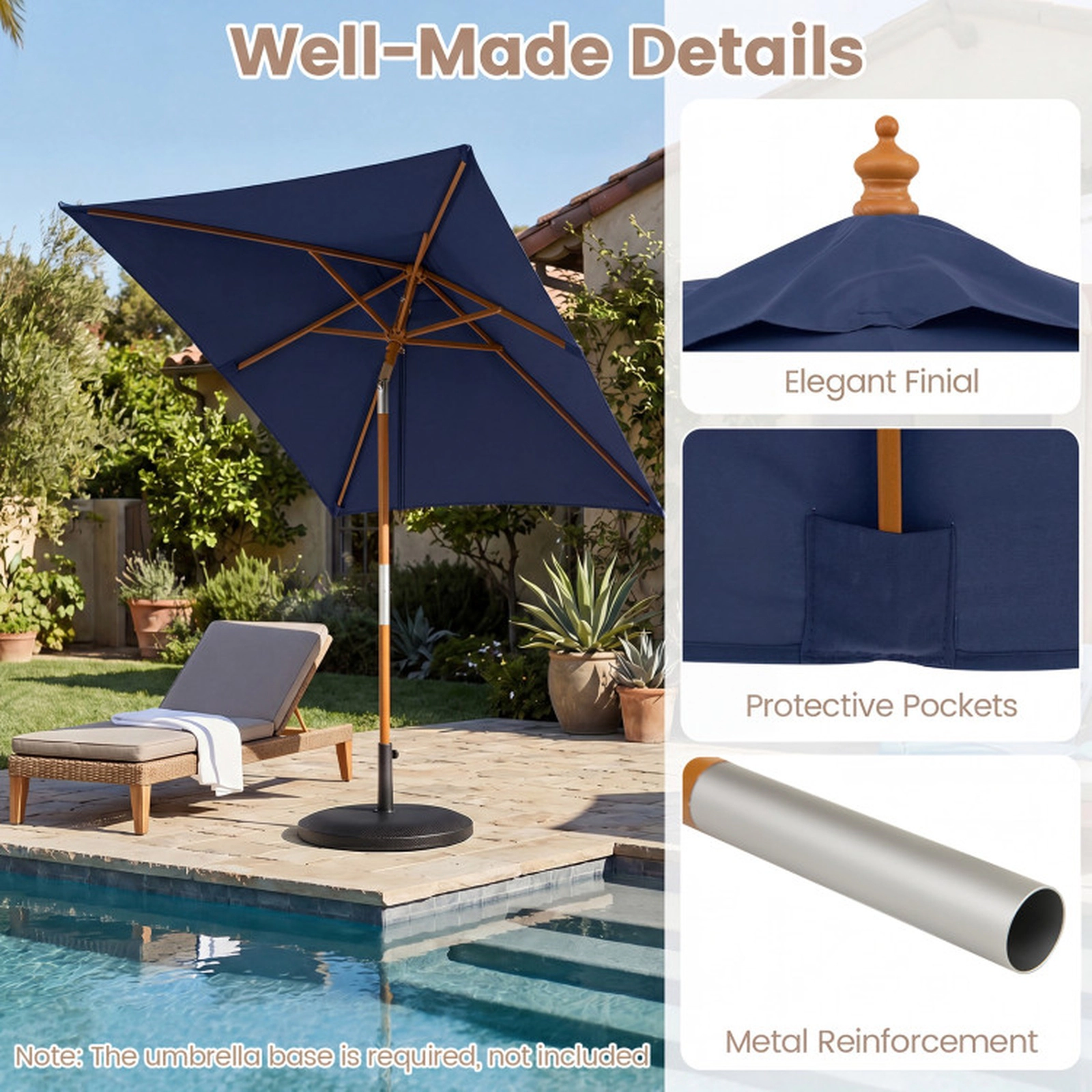 SUGIFT Water-Resistant Rectangular Patio Umbrella with Push-Button Tilt 7-ft Wide Navy