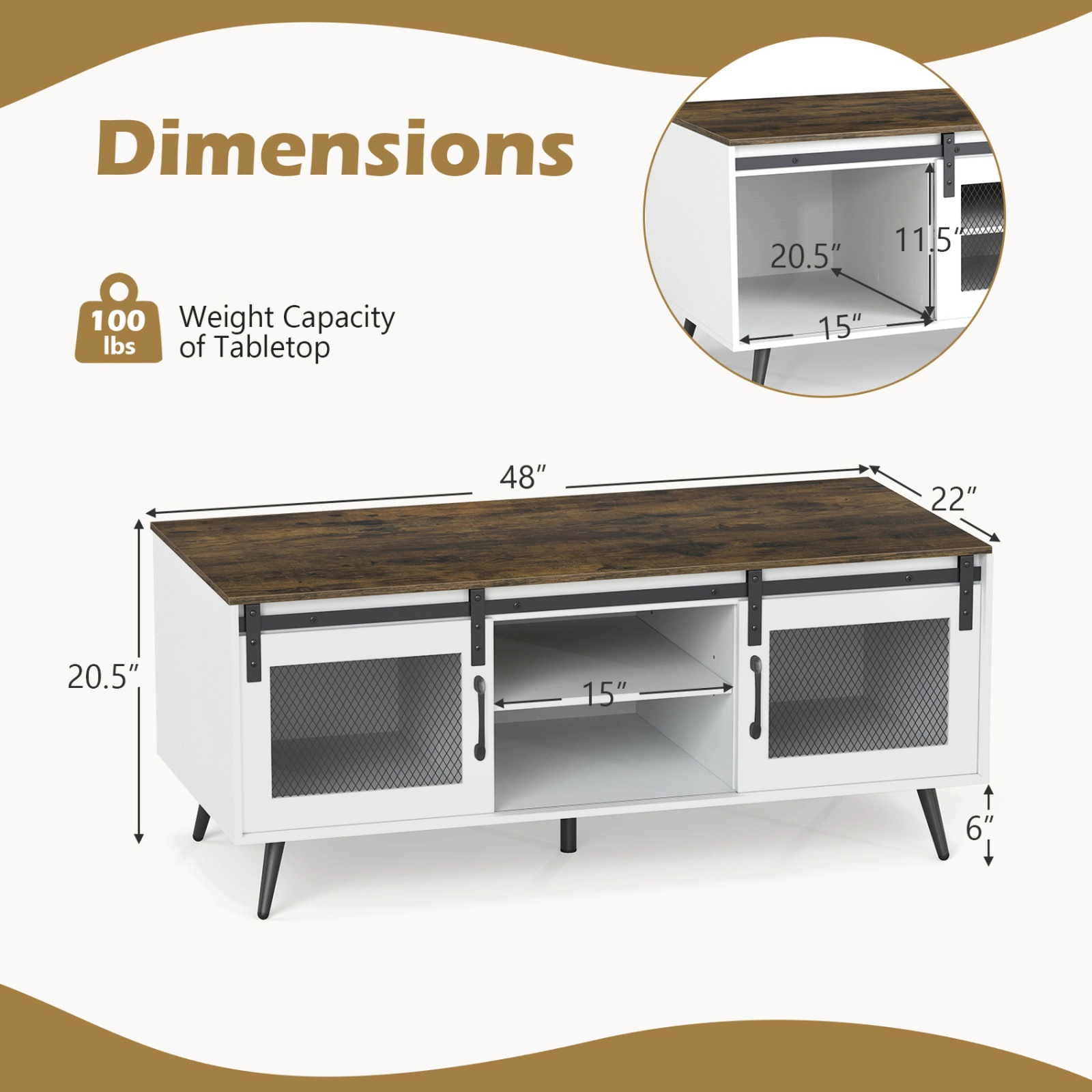 SUGIFT Sliding Barn Doors Adjustable Shelf Two-Tone Coffee Table 48-in x 22-in x 20.5-in 100-lb Capacity Rustic Brown