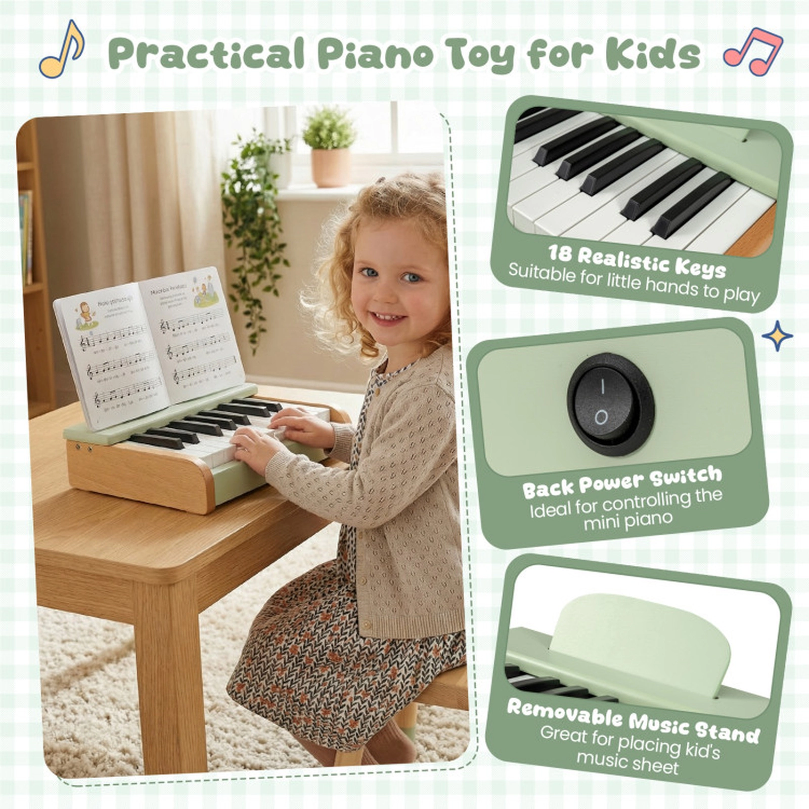 SUGIFT Green 18-Key Wooden Kids Piano with Removable Music Stand Rounded Corners and Rear On Off Switch