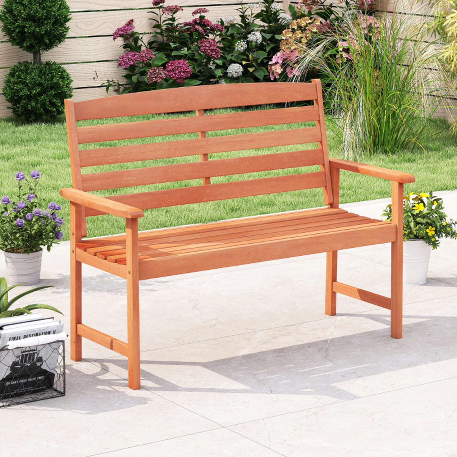 SUGIFT Slatted Backrest and Comfortable Armrests 2-Person 47.5 Inch Solid Wood Garden Bench