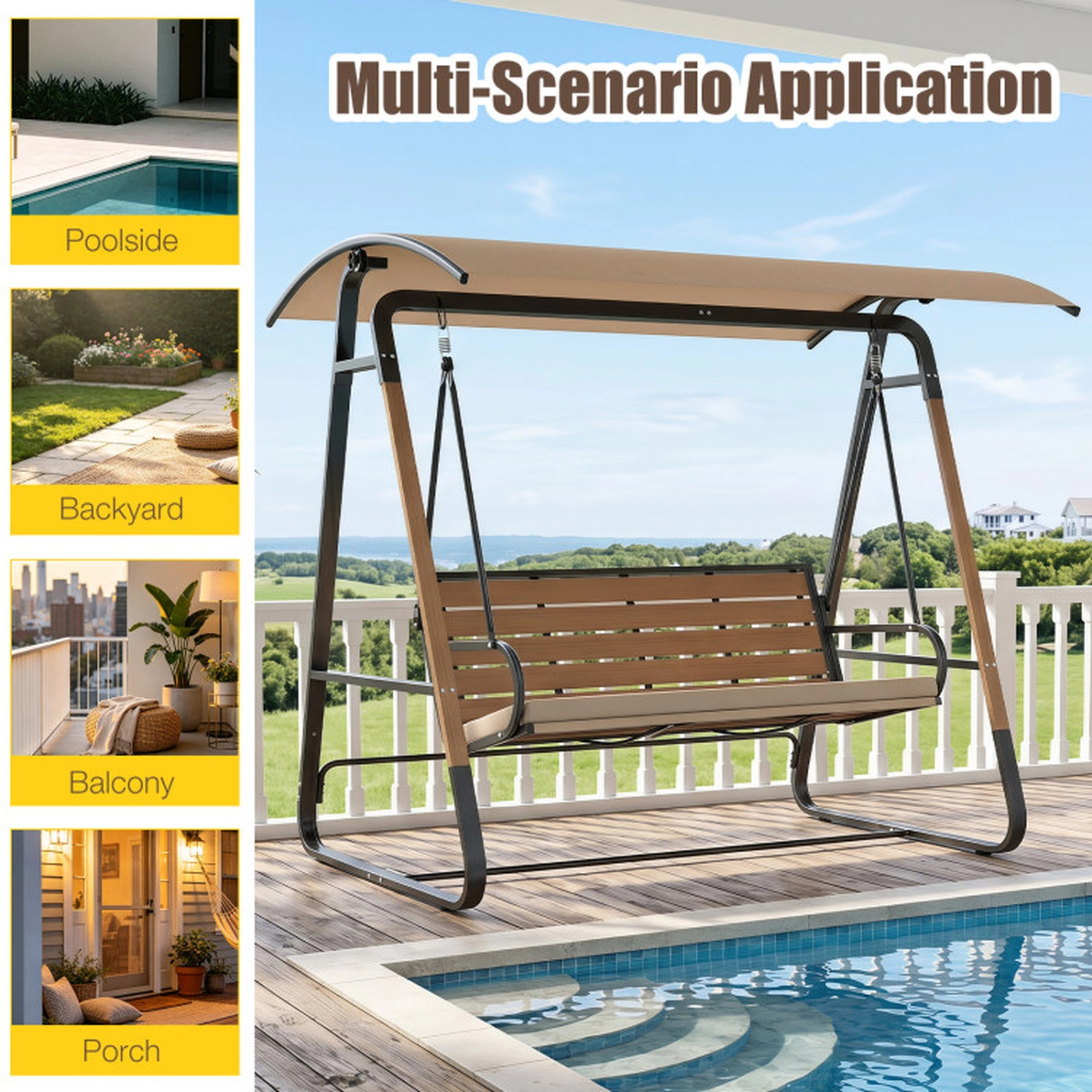 SUGIFT Beige 3-Person Outdoor Porch Swing, 800-Lb Capacity, Adjustable Canopy