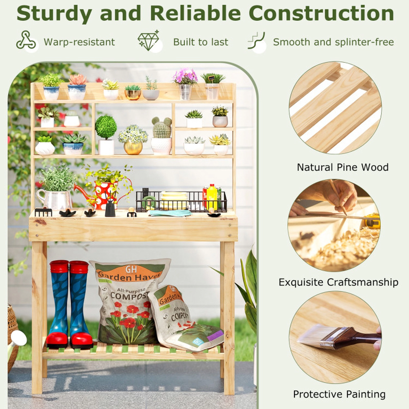 SUGIFT 100-lb Capacity 60-in Natural Wooden Potting Bench Table with 3-Tier Shelf and Flip-Up Top