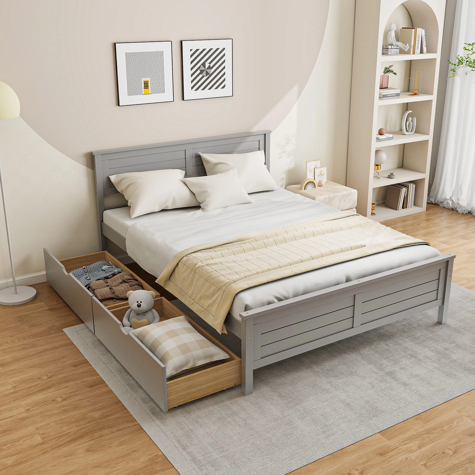 Full Size Bed Frame with 2 Storage Drawers and Solid Wood Headboard Gray Platform Bed with Wooden Slats