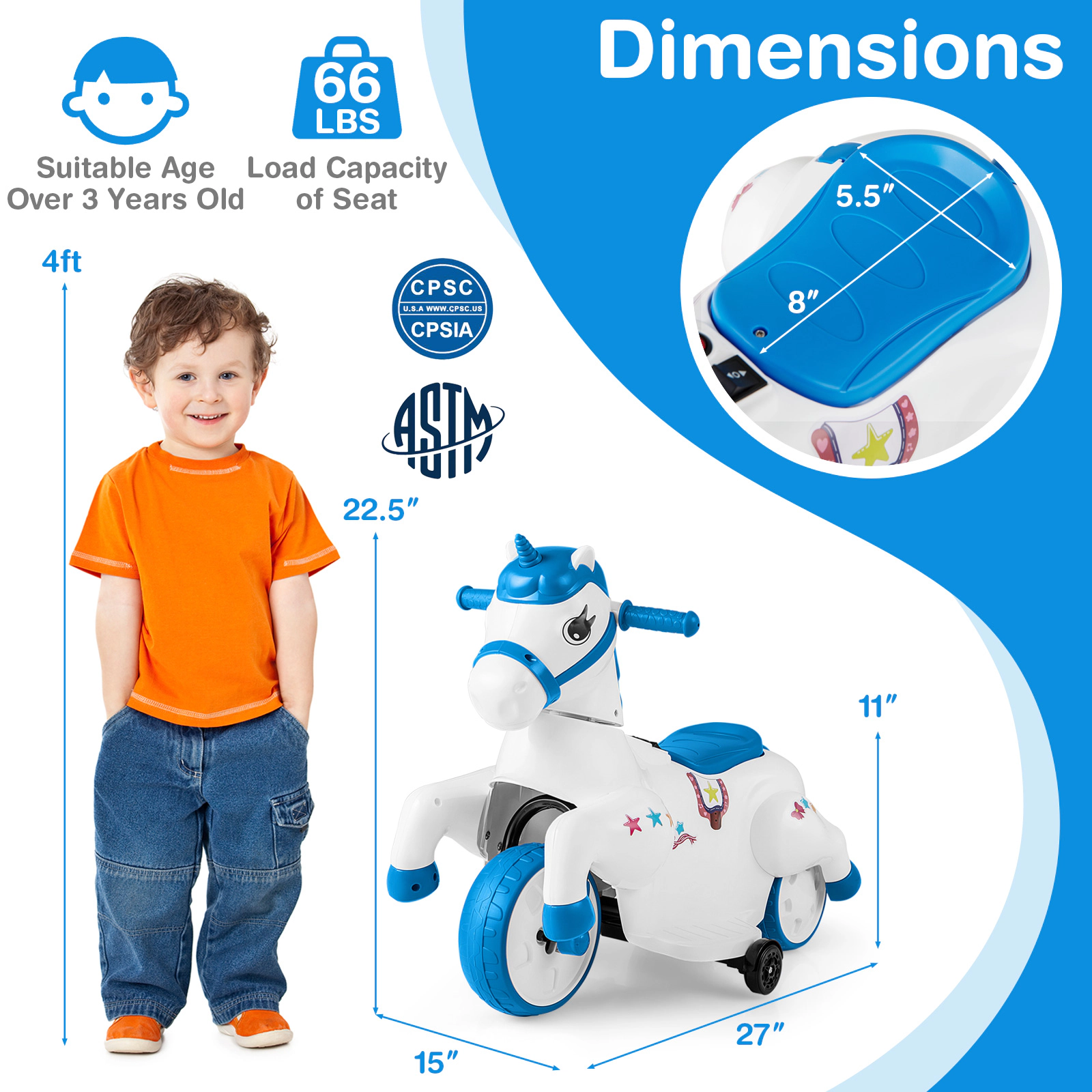 SUGIFT 12V Unicorn Ride-On Toy with Training Wheels and Horse Riding Mode 66-lb Capacity Ages 3+ 27-in Frame Navy