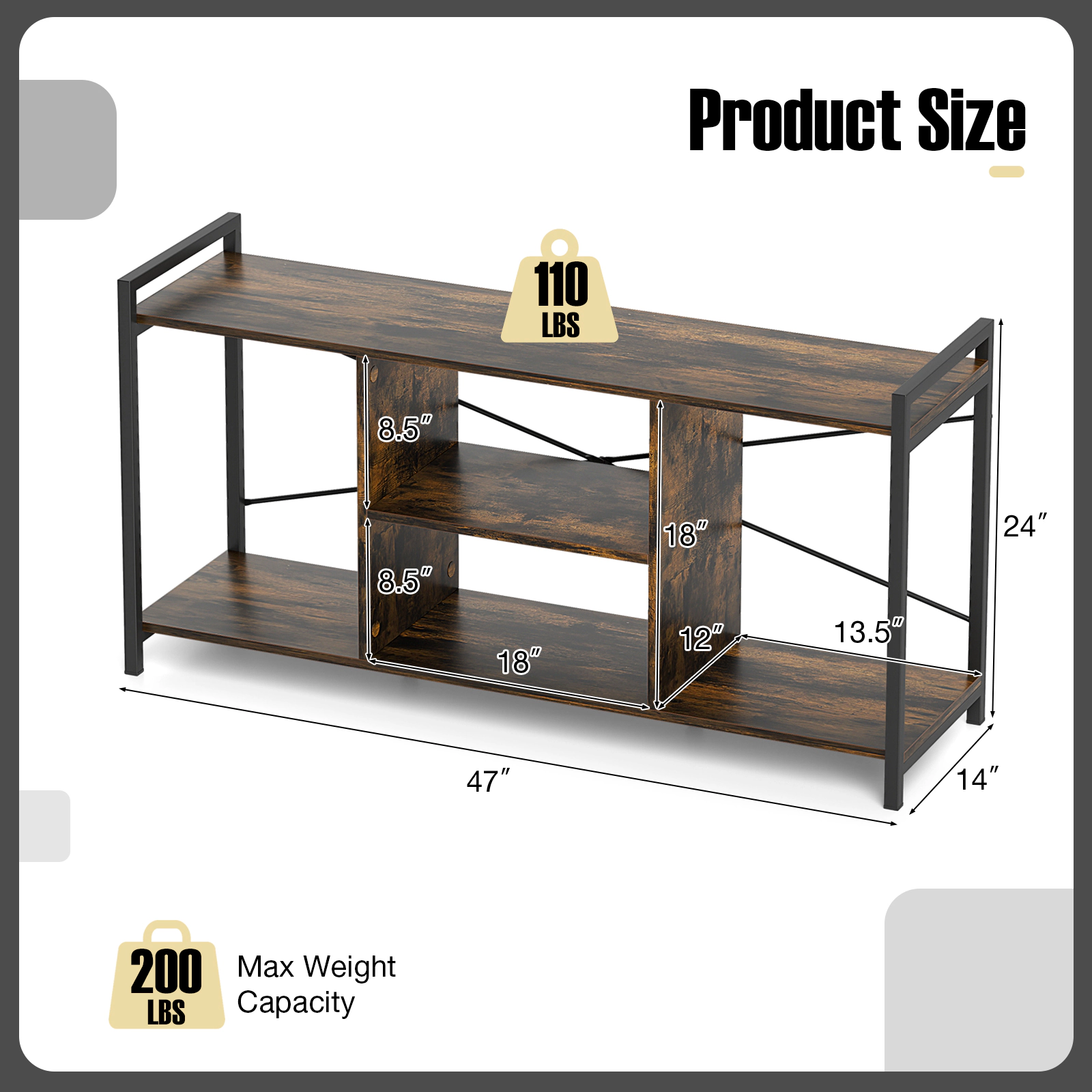 SUGIFT 3-Tier Industrial TV Stand for 55-In TVs with Open Shelves 200-Lb Capacity 47-in Wide Rustic Brown & Black