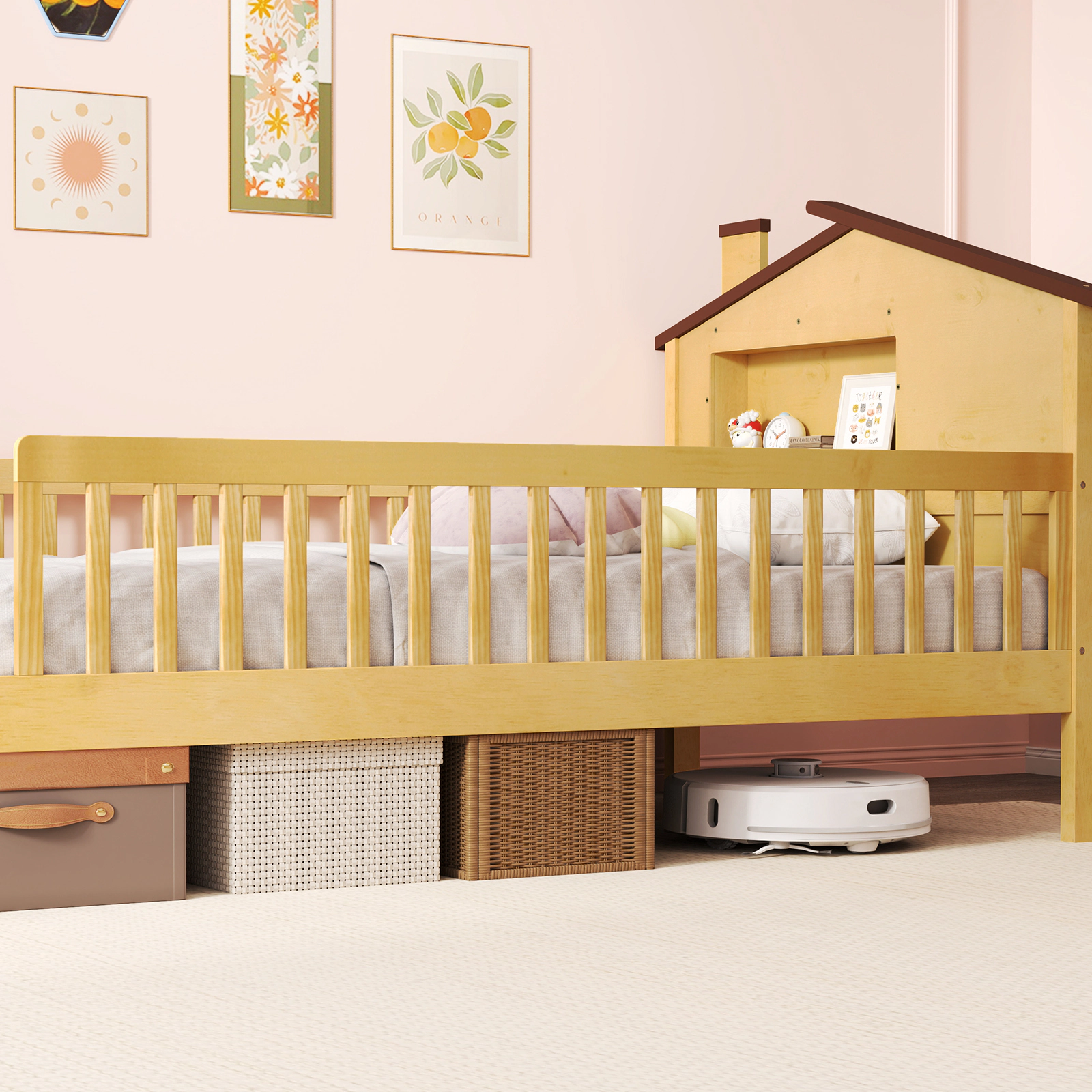 SUGIFT House-Shaped Headboard Twin Size Montessori Bed Frame with Built-in Storage Shelf 440-lb Capacity Natural/White