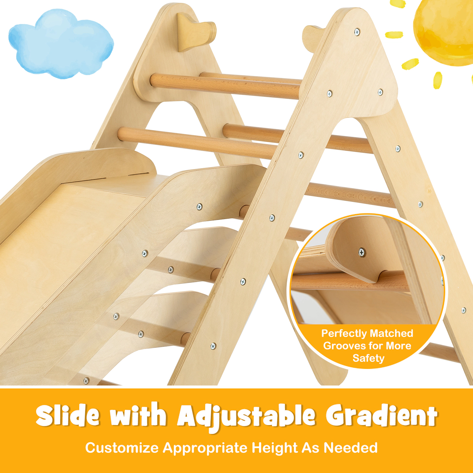 SUGIFT Natural Gradient Adjustable Slide 34 Inch 2-in-1 Kids Wooden Triangle Climber Set