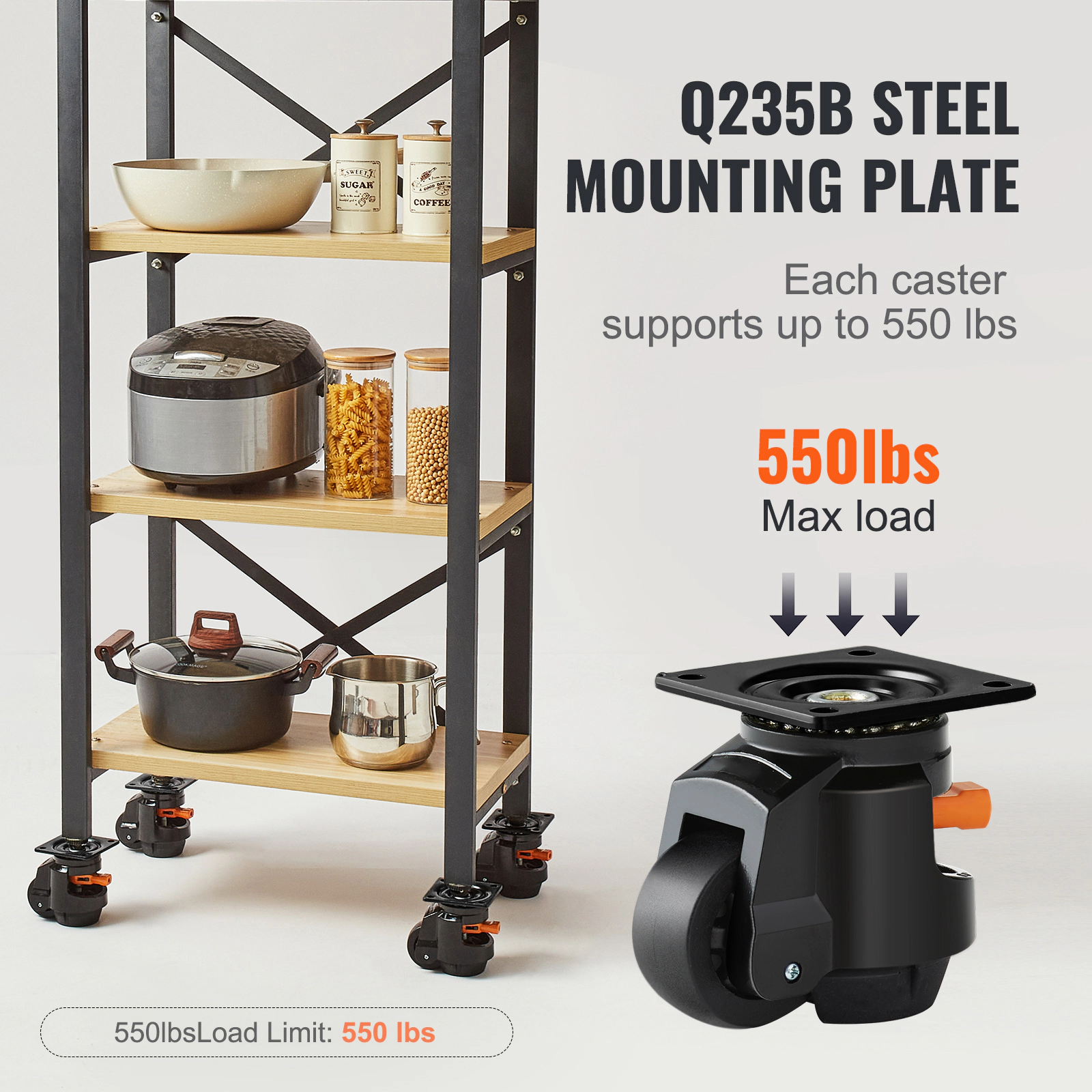 HONGGE 2.5-Inch Leveling Casters, Set of 4, Adjustable Swivel Wheels with Handle, 2200 lbs Capacity