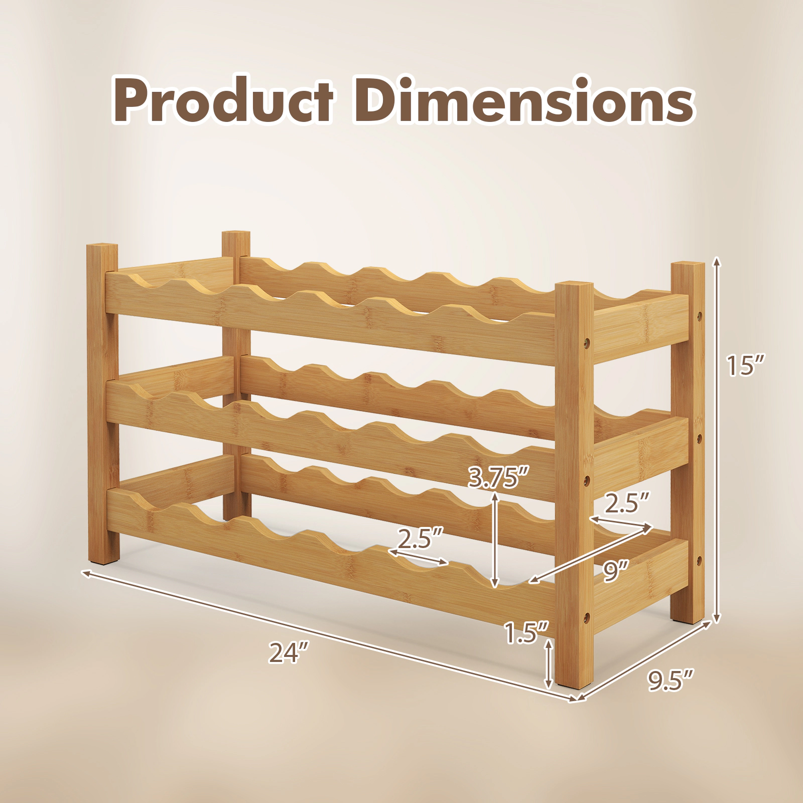 SUGIFT 3-Tier Bamboo Wine Rack Natural Freestanding Countertop Bottle Organizer