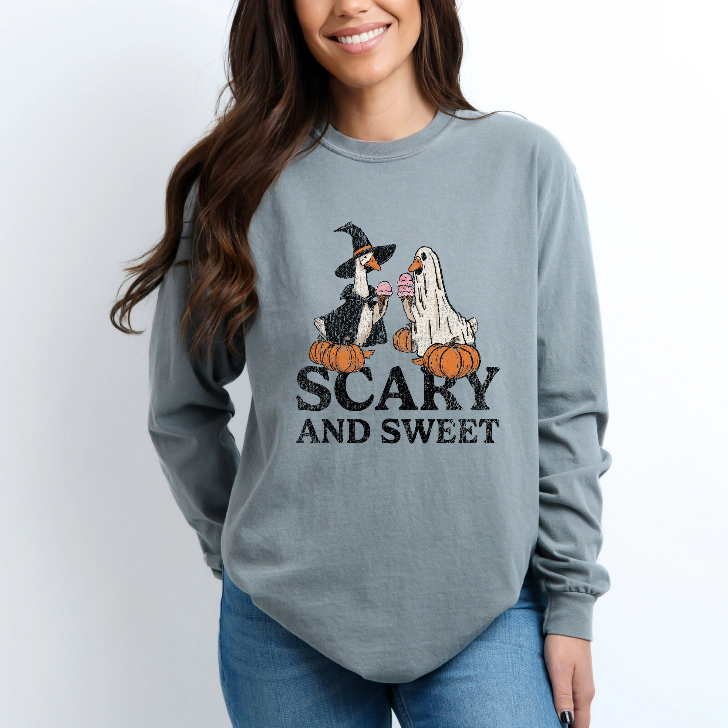 Simply Sage Market - Women's Garment Dyed Long Sleeve Graphic T-Shirt Scary and Sweet Geese