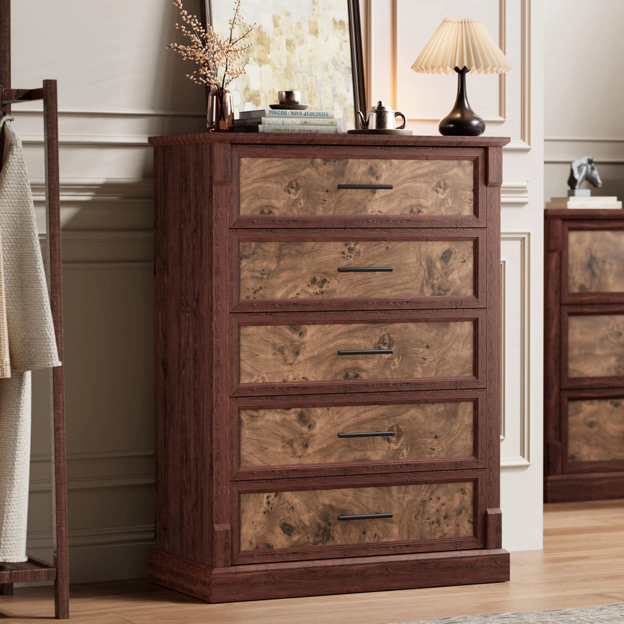 Farmhouse 5 Drawer Tall Dresser with Metal Handles, Rustic Wooden Chest for Bedroom Living Room Hallway