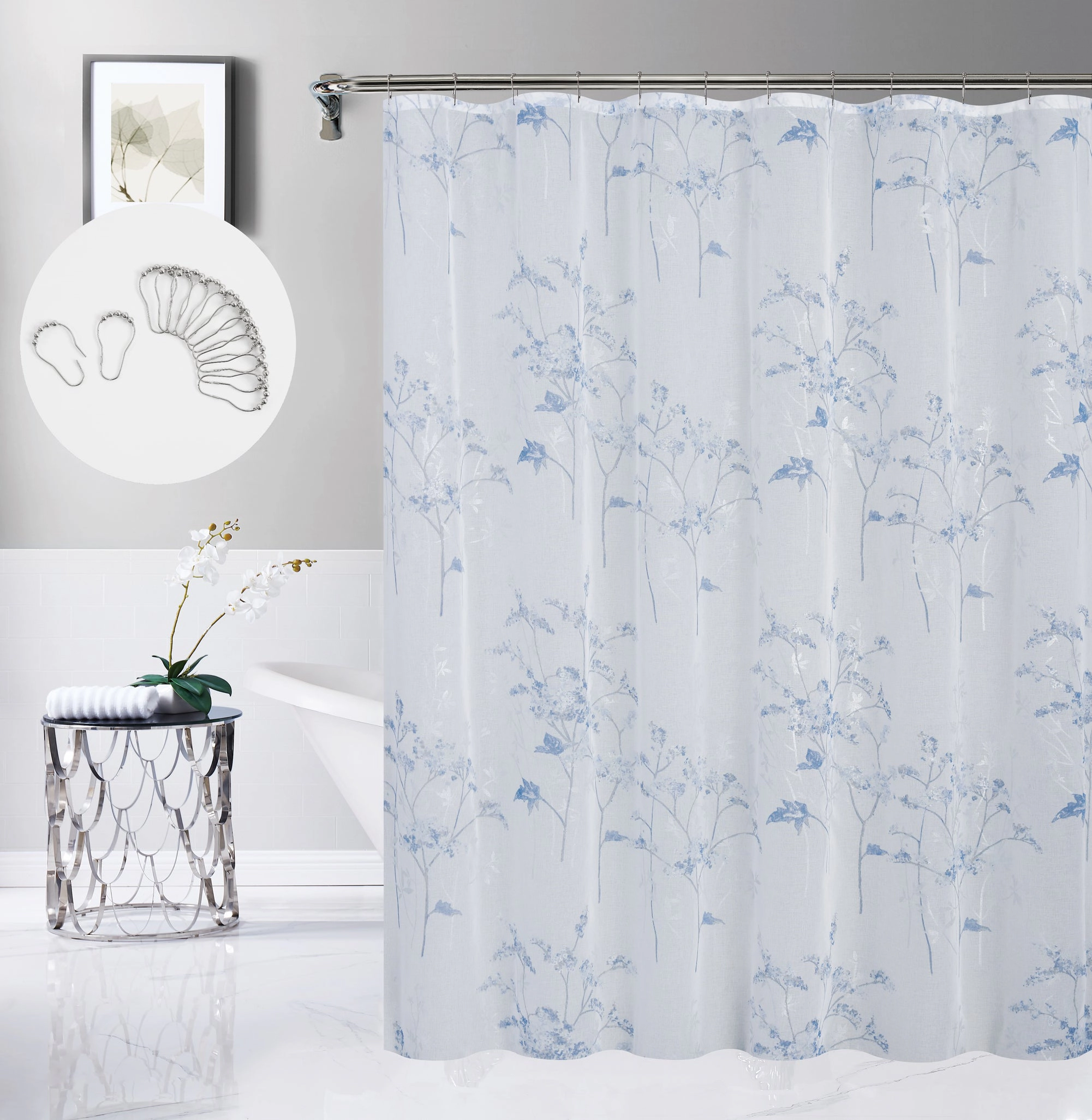 Dainty Home Jessica Linen Textured Metallic Fabric Shower Curtain with 12 Matching Hooks 70" x 72"